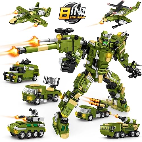 City War - Juego de bloques de construcción de robot transformador militar 8 en 1, kit del ejército acorazado con vehículo de armadura, avión de