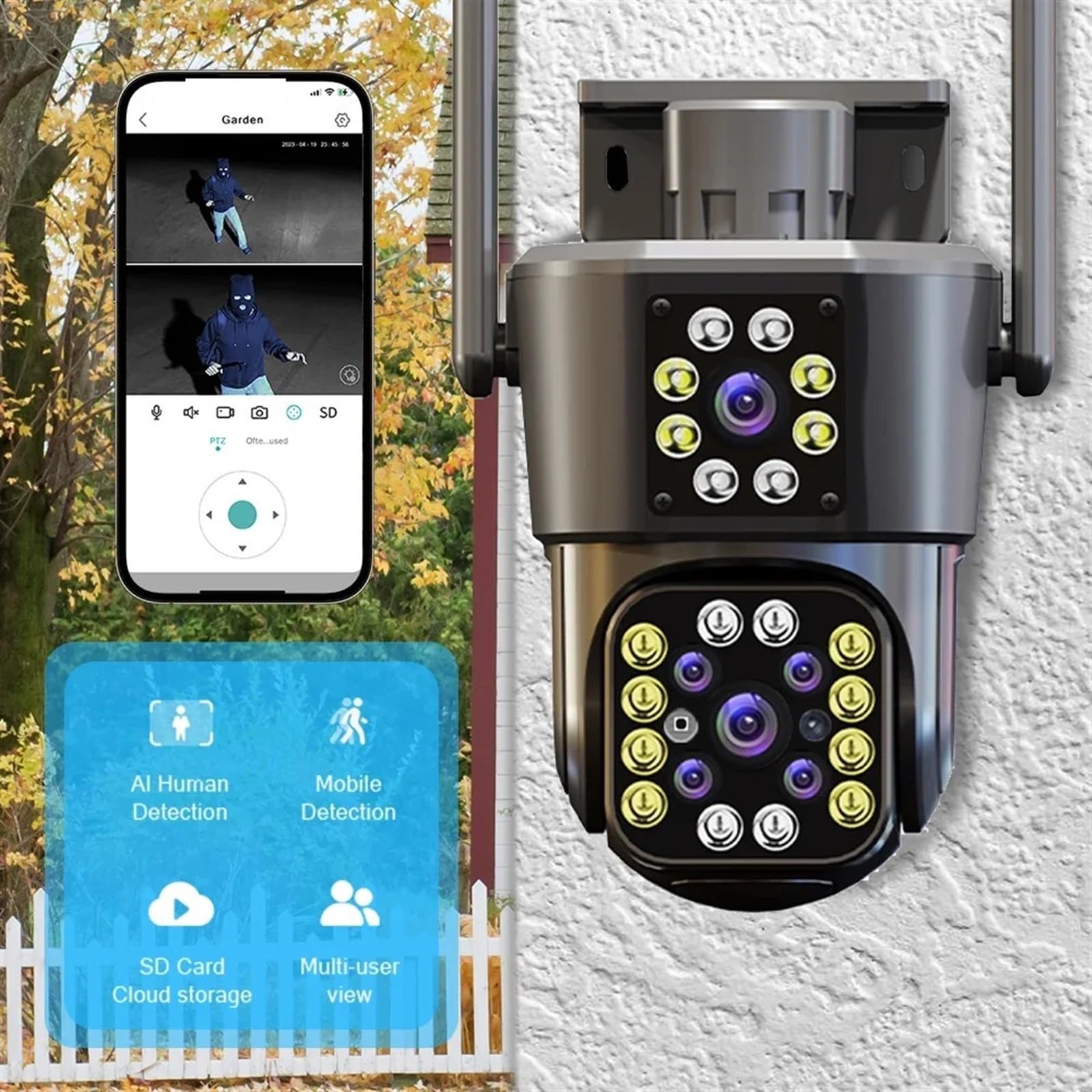 Kamera bezpieczeństwa, 4K 8MP HD kamera PTZ zewnętrzna 6MP podwójny obiektyw ekran AI automatyczne śledzenie IP CCTV nadzór audio-wideo P2P(3K 6MP add 128G)