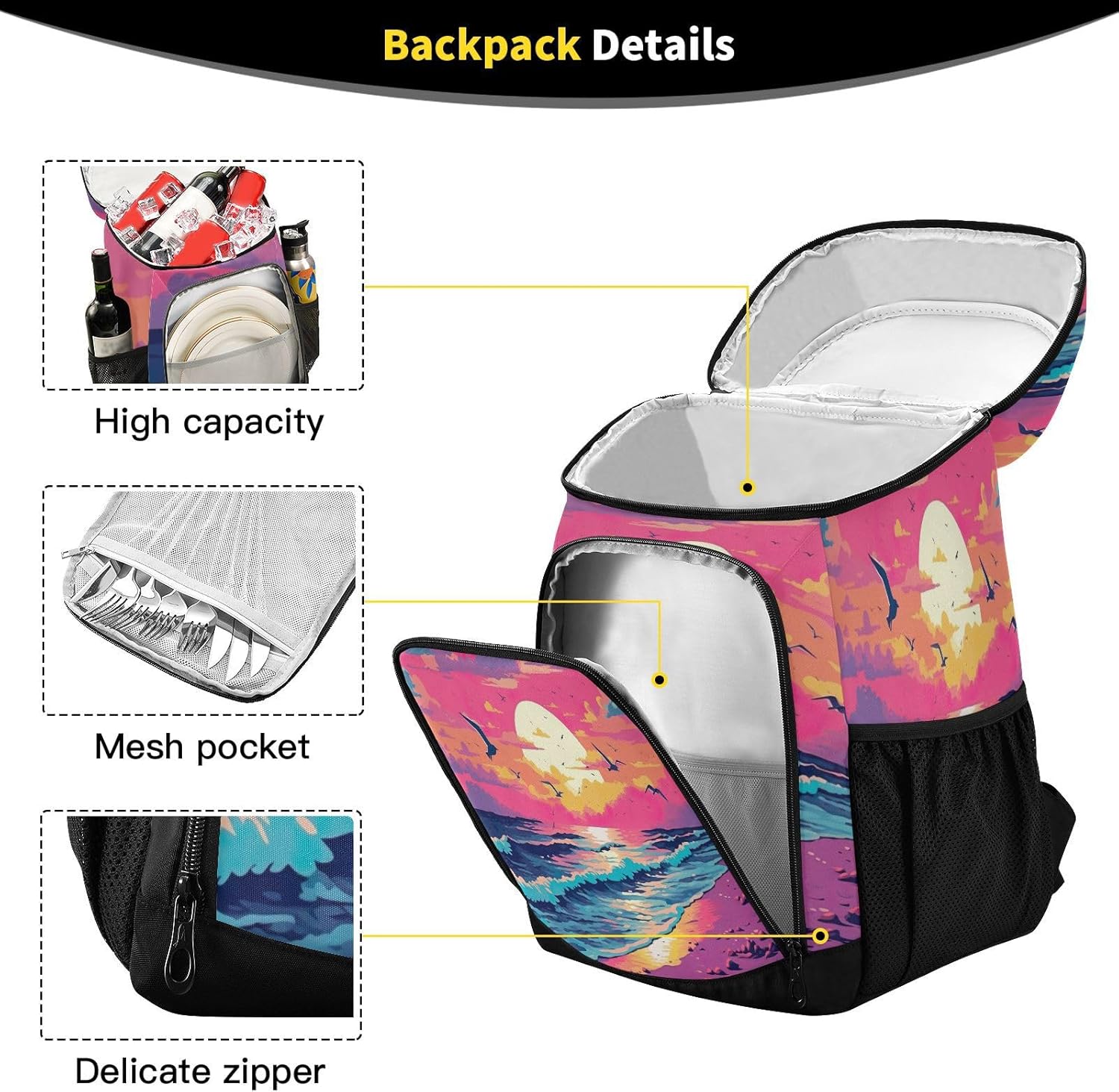 Beautiful Beach with Birds Cooler Backpack 36 Cans Leakproof Waterproof Backpack Cooler Bag Beach Accessories for Women and Men Travel Camping Fishing Backpack