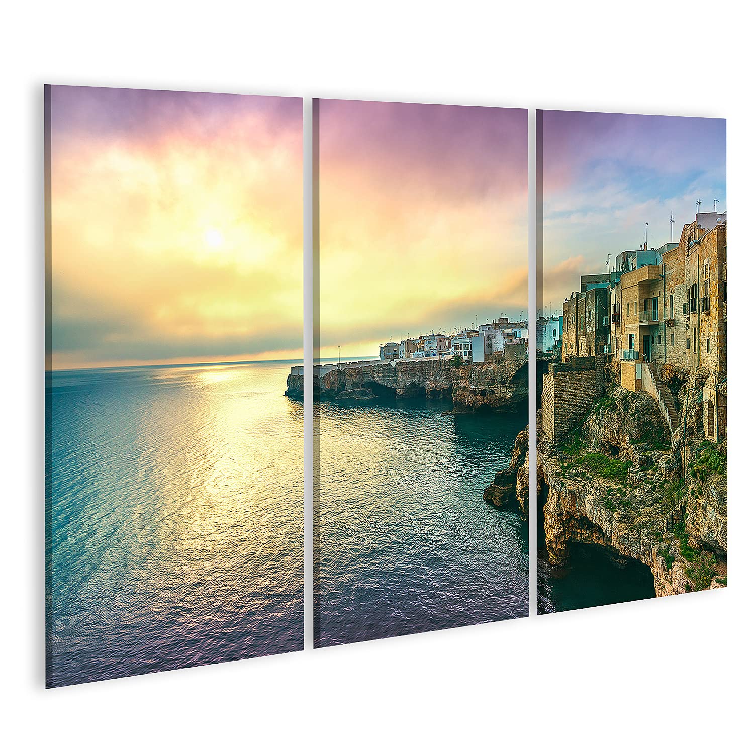 islandburner Tableau sur Toile Polignano Mare Village Lever du Soleil Bari Pouilles Italie du Sud Roches Europe Cadre Affiche Poster Murale Tableaux