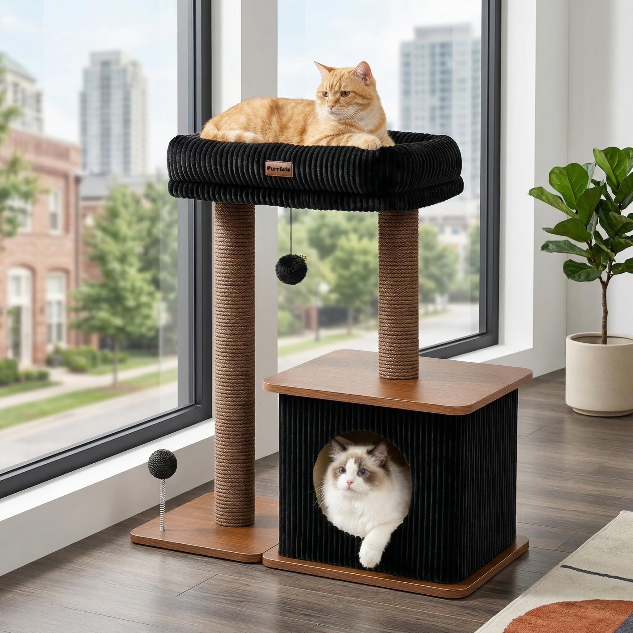 Nordic Loft wieża dla kota z drapakiem, nowoczesna wieża dla kociaków z drapakiem, sizalowy drapak, przytulne mieszkanie, wyściełane łóżko dla kotów domowych, złoty orzech