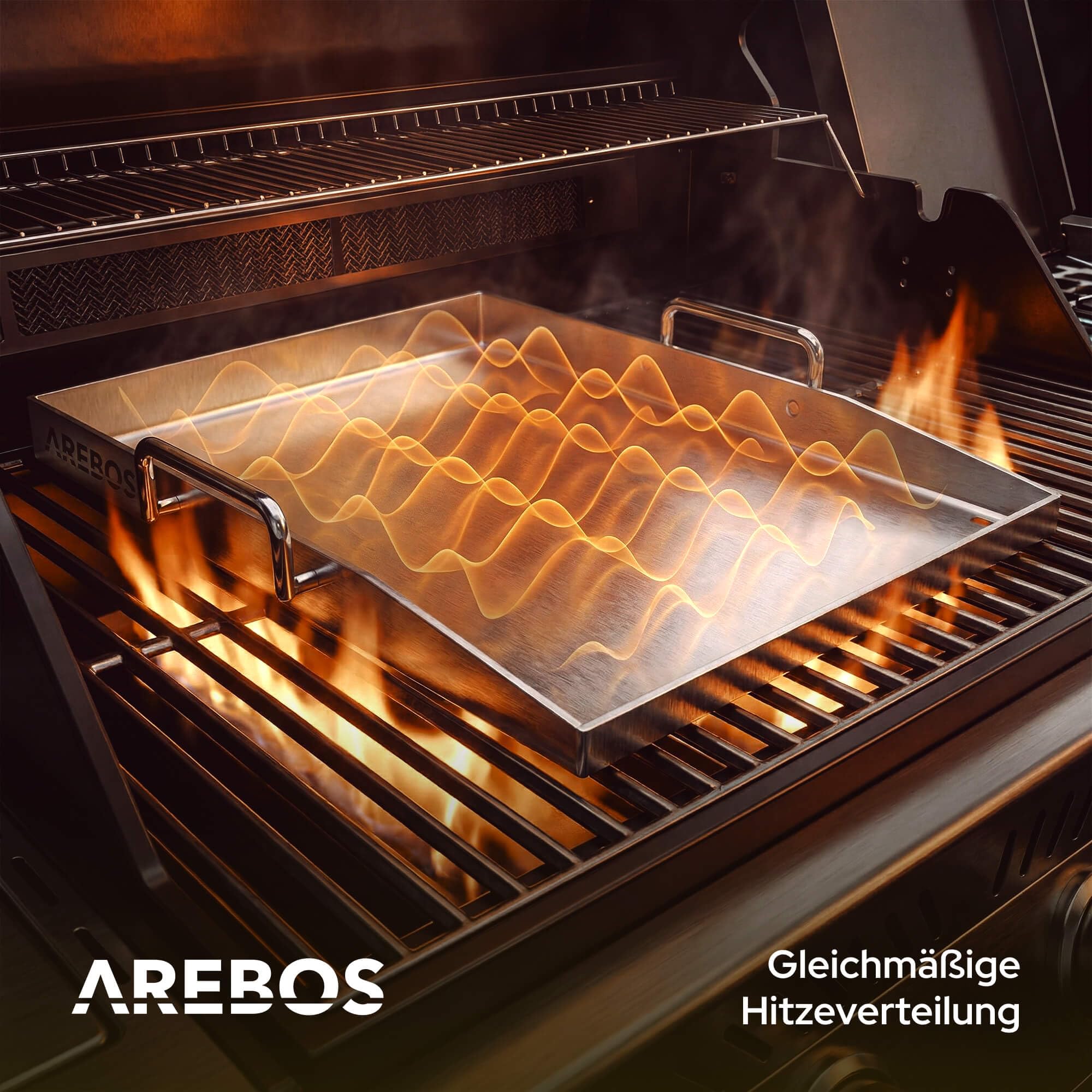 Arebos Plancha Grillplatte Edelstahl 40x30 cm | für Gasgrill, Holzkohlegrill & Camping | 4 mm massiv | 800 °C | LFGB | Fettablauf | 2 Grillspachtel & 5 Spieße | spülmaschinengeeignet