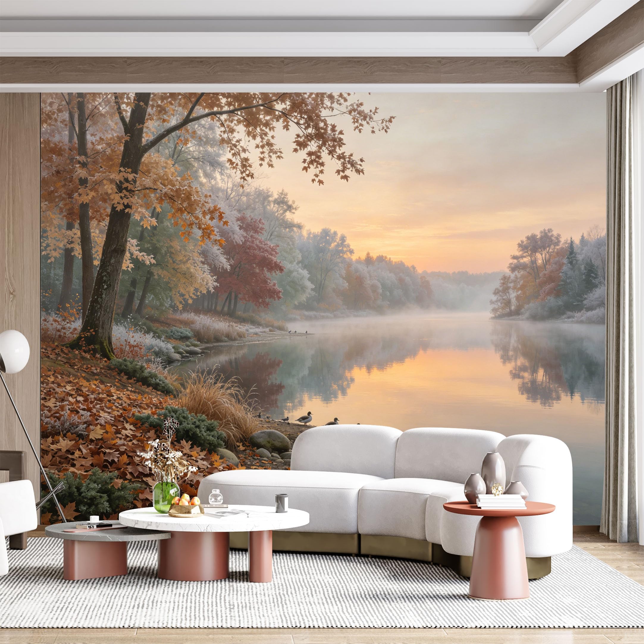Custom Size Wall Mural Autumn Lakeside Serenity Tranquil River Misty Morning Landscape Watercolor SelfAdhesive Wall Fabric Removable for Home Office Decor