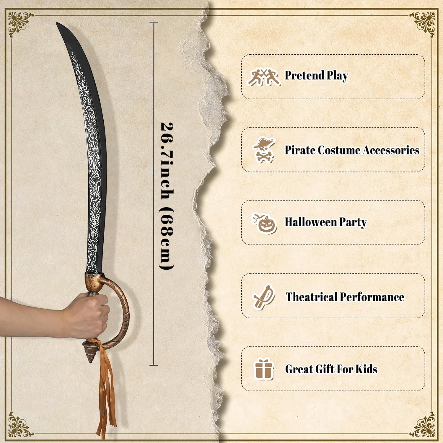 2pcs Pirate Sword Toys,26.7" Pirate Costume Set,Plastic Toy Sword for Party Dress-Up,Halloween Costume Accessorie Brown