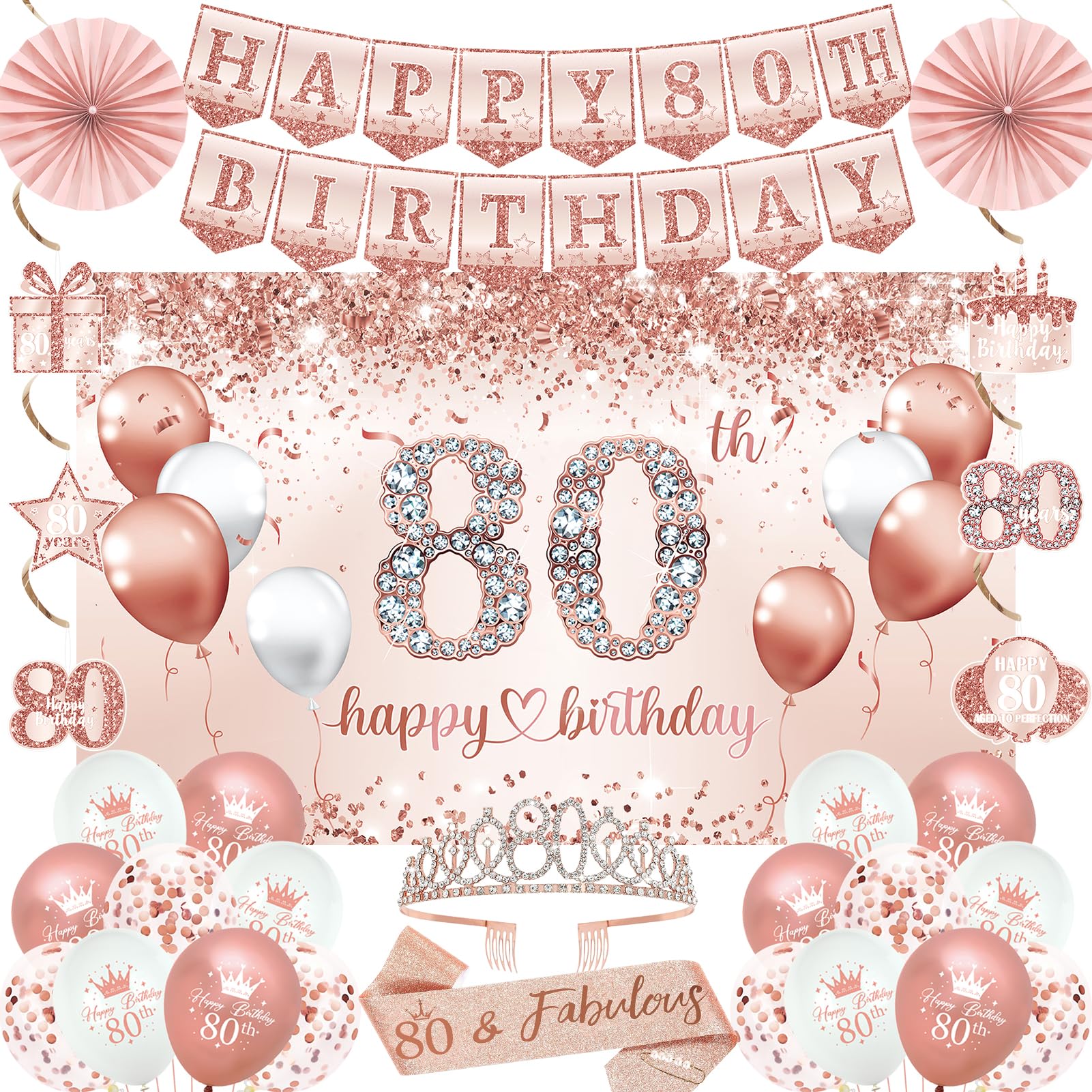 Trgowaul 80th Birthday Decorations for Women, 30pcs Rose Gold Happy Birthday Party Supplies, 80th Crown and Sash, Banner, Hanging Swirl Flag, Balloons, 80 Year Old Party Decoration Set