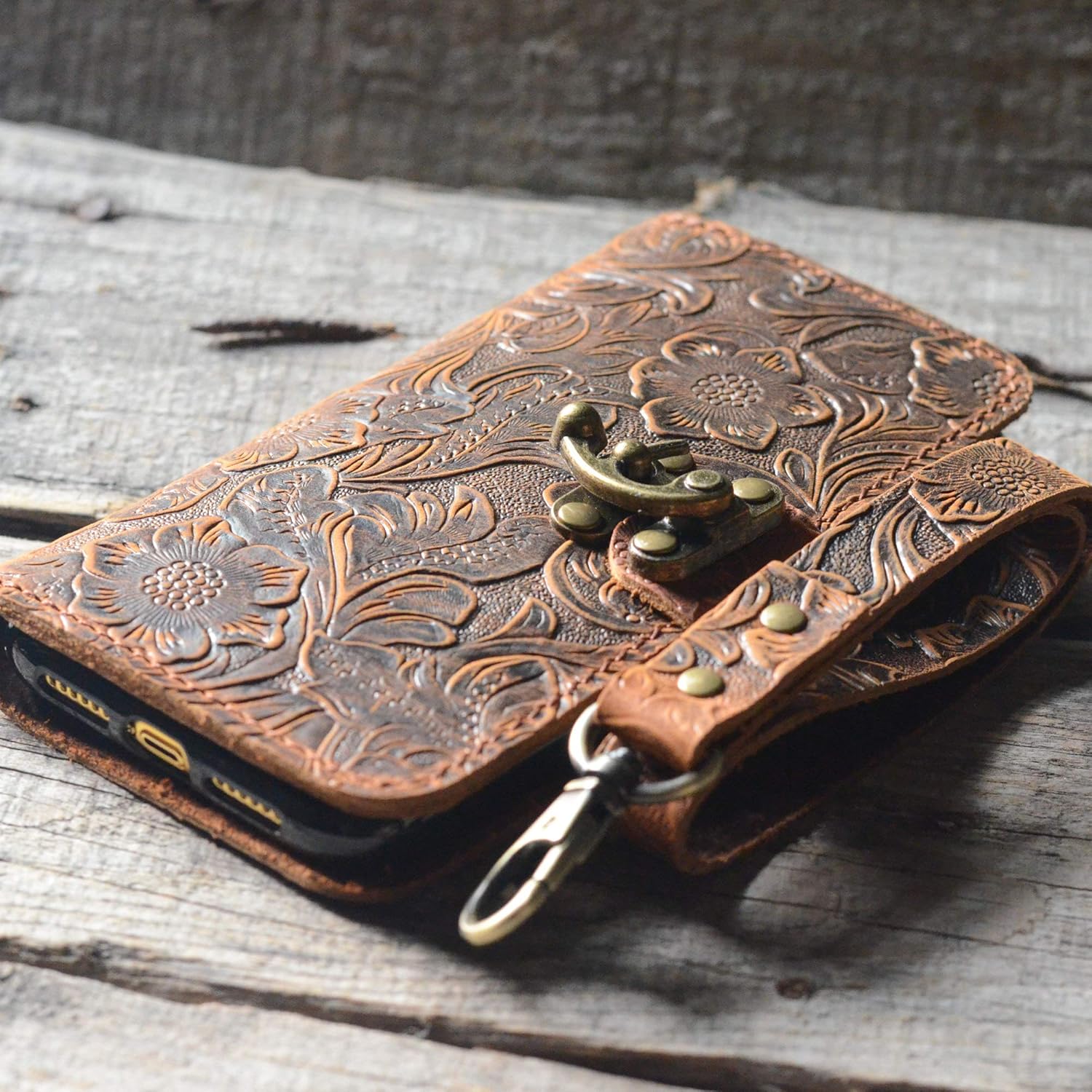 JJNUSA Handmade Genuine Distressed Leather Wallet Case for iPhone 11 6.1 inches Flip Cover with Wristlet Brown