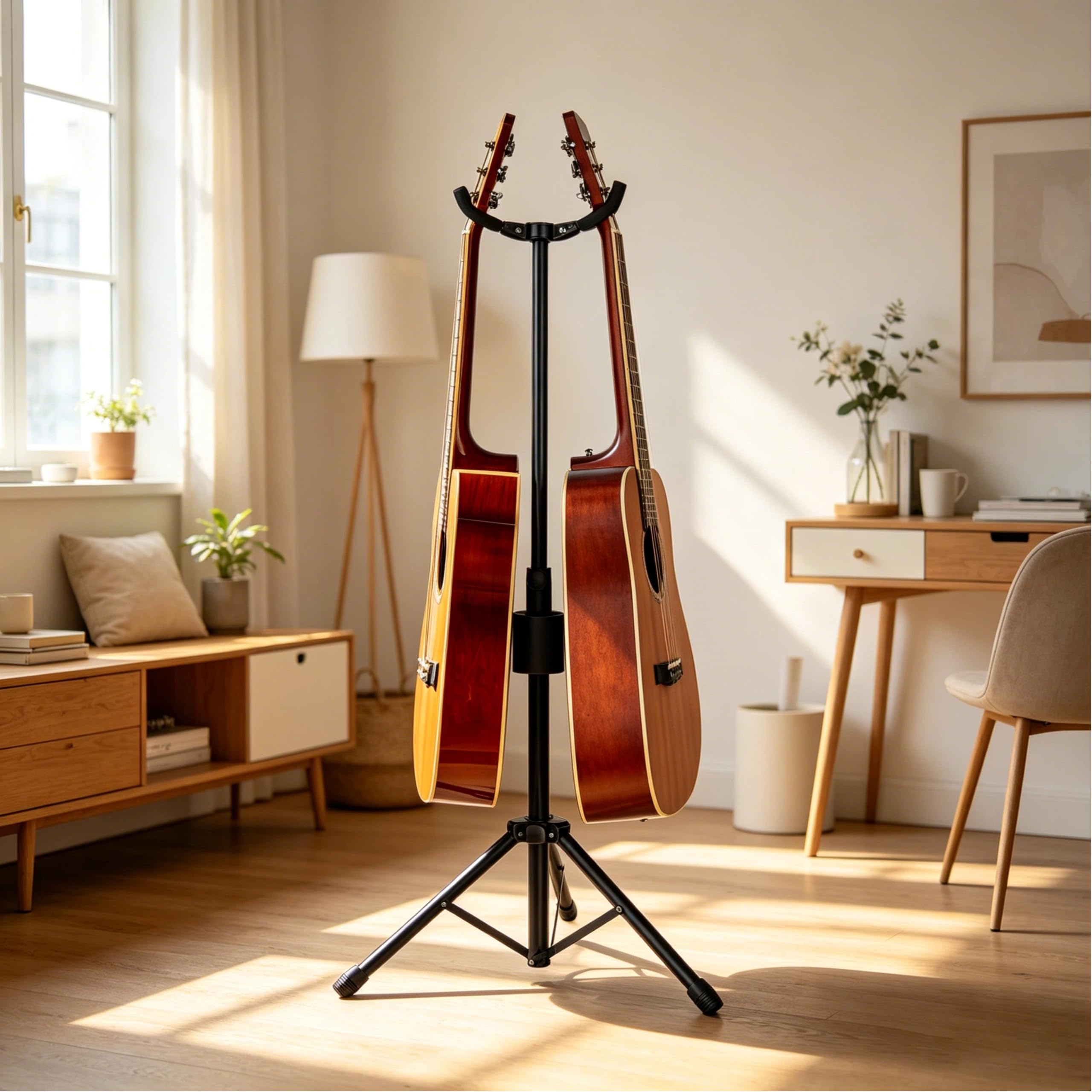 Double Guitar Stand, Portable Tripod Adjustable 2 Guitar Stand Floor for Acoustic, Bass & Electric, Dual Folding Stand for Banjo with Strap & Picks