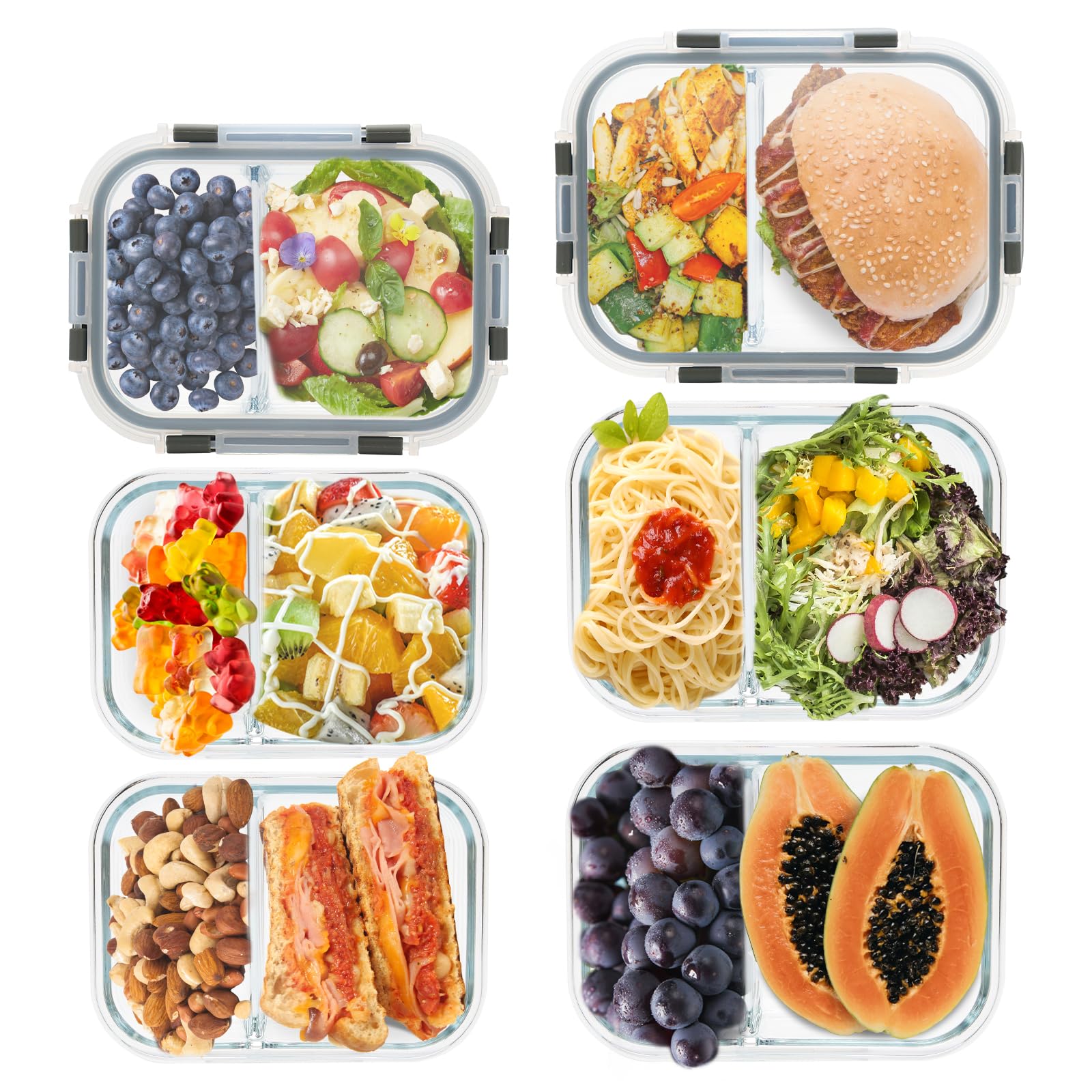 GULFLIN 2 Compartment Glass Meal Prep Containers, 6 Pack Reusable Food Storage Containers with Lids, Lunch Containers for Adults, Portion Control, Airtight, Freezer to Microwave Safe(34oz+22oz)