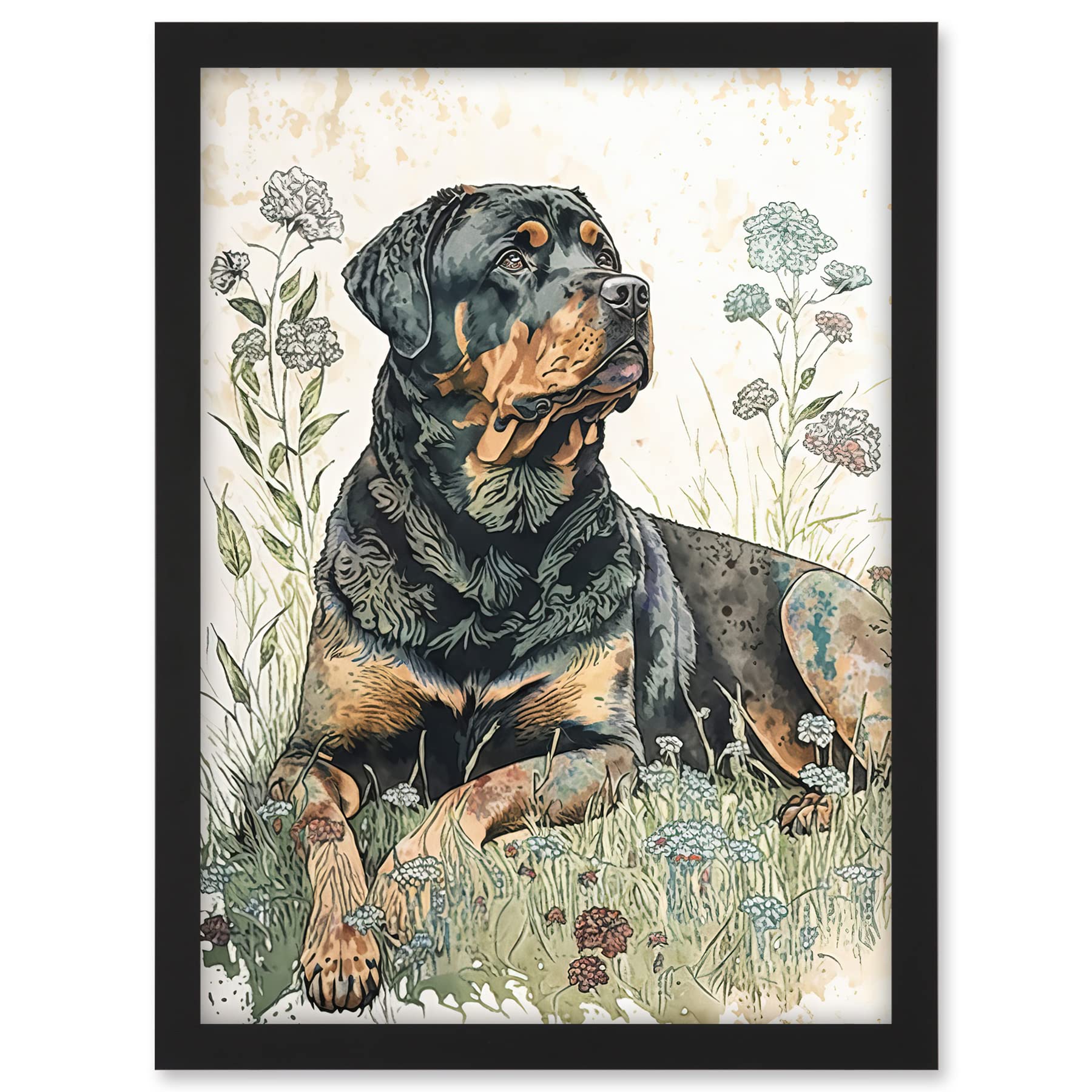 Artery8 Rottweiler Dog Lying in Wildflowers Bright Watercolour Illustration Artwork Framed A3 Wall Art Print