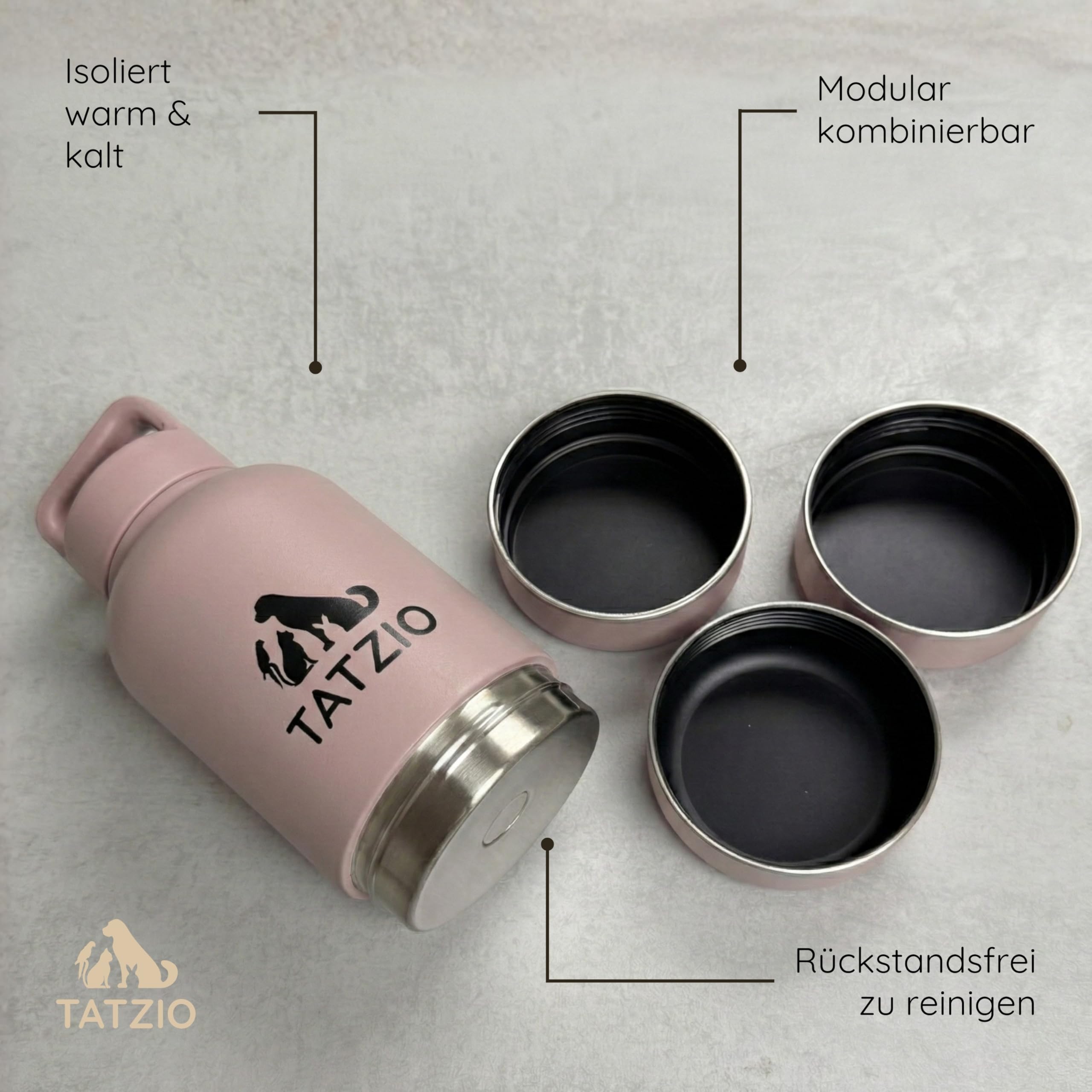 Reiseflasche 4-in-1 für Hunde & Katzen aus Edelstahl – Isolierter Wasser- & Futterbehälter für Haustiere– Auslaufsicherer Reisenapf mit 3 Zusatzbehältern für Unterwegs Pink 1000ml