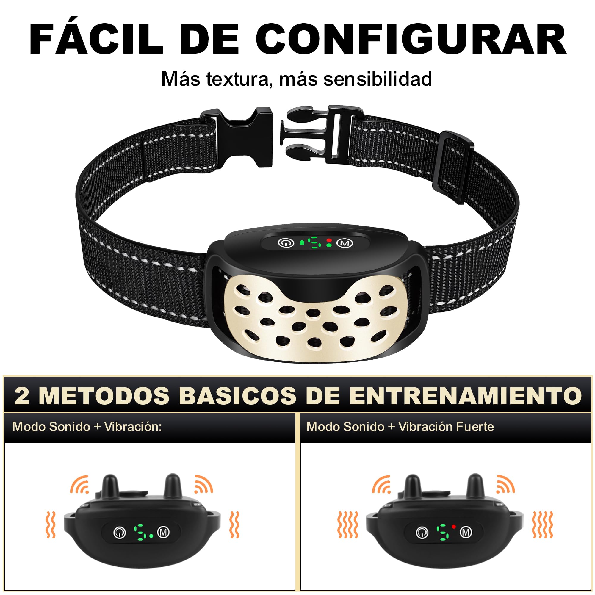 Collar Antiladridos, Collar Antiladridos para Perro Recargable Collar Vibración Perros, Impermeable IP67 para Cachorros y Perros Adultos - Eficaz y Cómodo-Oro