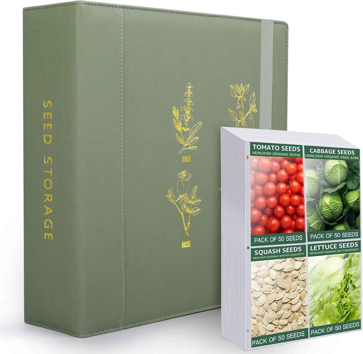 Seed Storage Organizer, Binder with 50 Pack Sheet Protectors that stores 200 Seed Envelopes, PU Leather Cover, 2.5" D-Ring Binder, Gift For Garden Lover