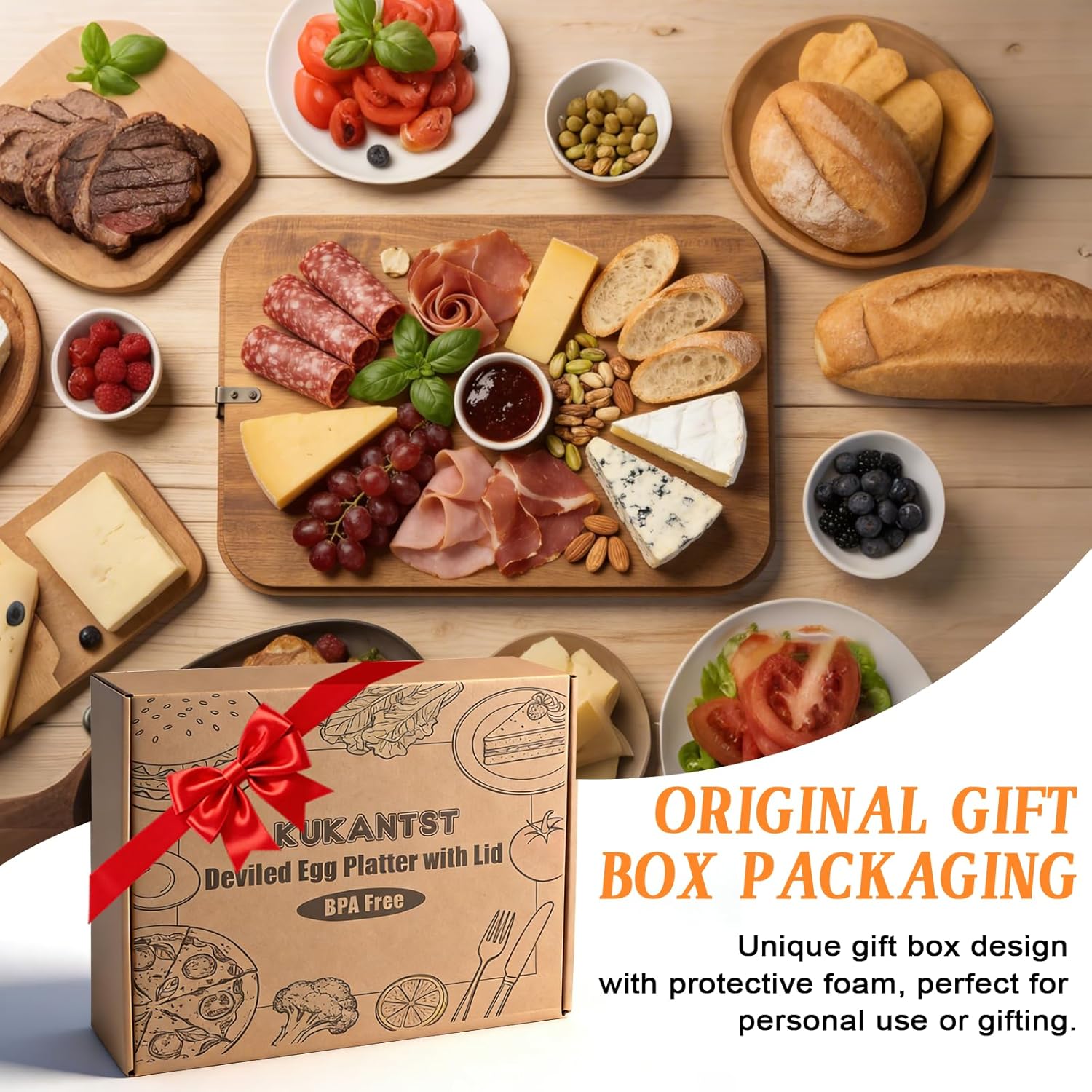 Deviled Egg Platter with Lid(25 Eggs), Square Wooden Deviled Egg Tray for Party, Holiday & Gathering, Reversible Easter Deviled Egg Plate Charcuterie Board for Kitchen Countertop, Gift Box Packaging