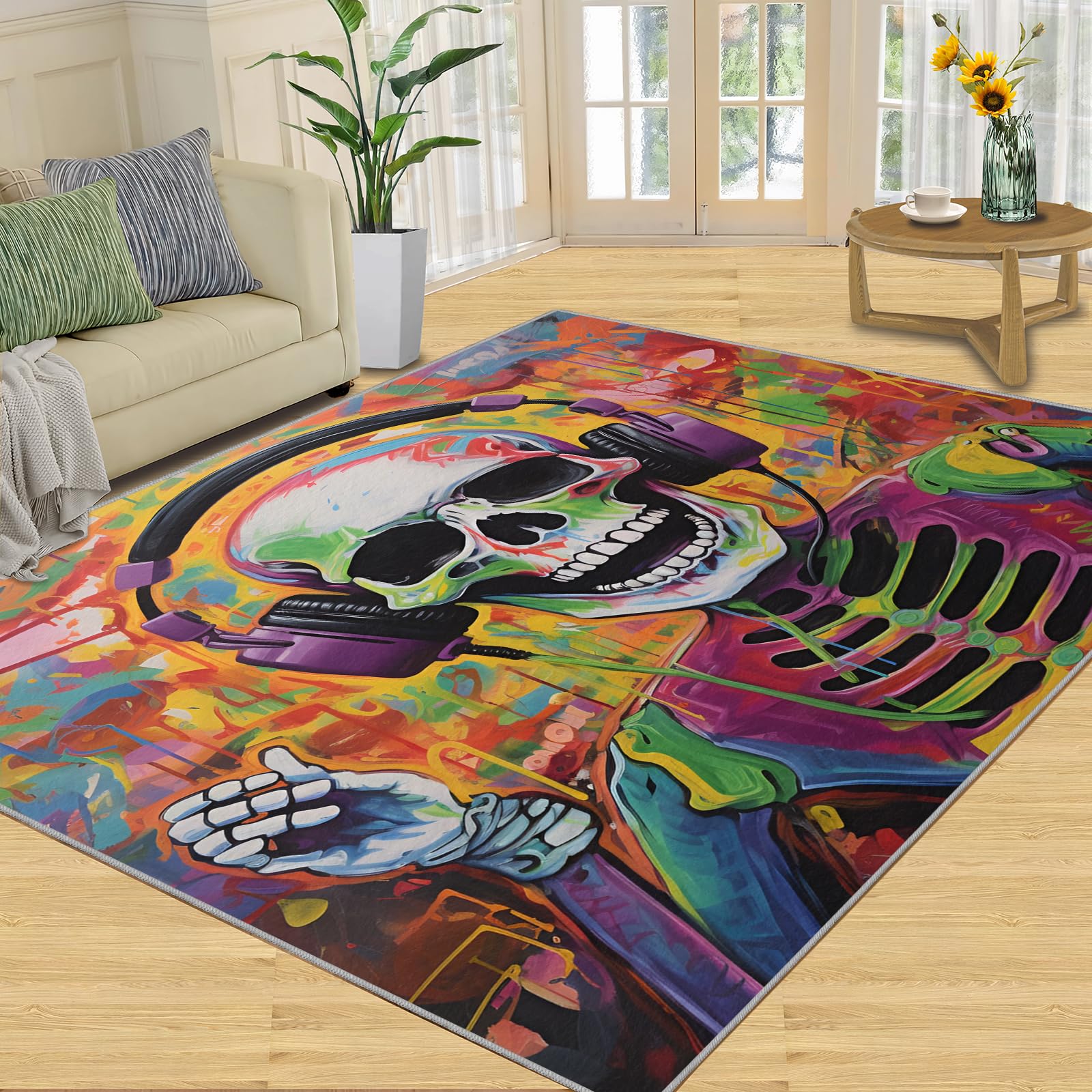 Tapis moderne résistant aux taches et à l'aquarelle graffiti pour chambre à coucher, salon, garçons et adolescents, motif tête de mort, 140 x 200 cm