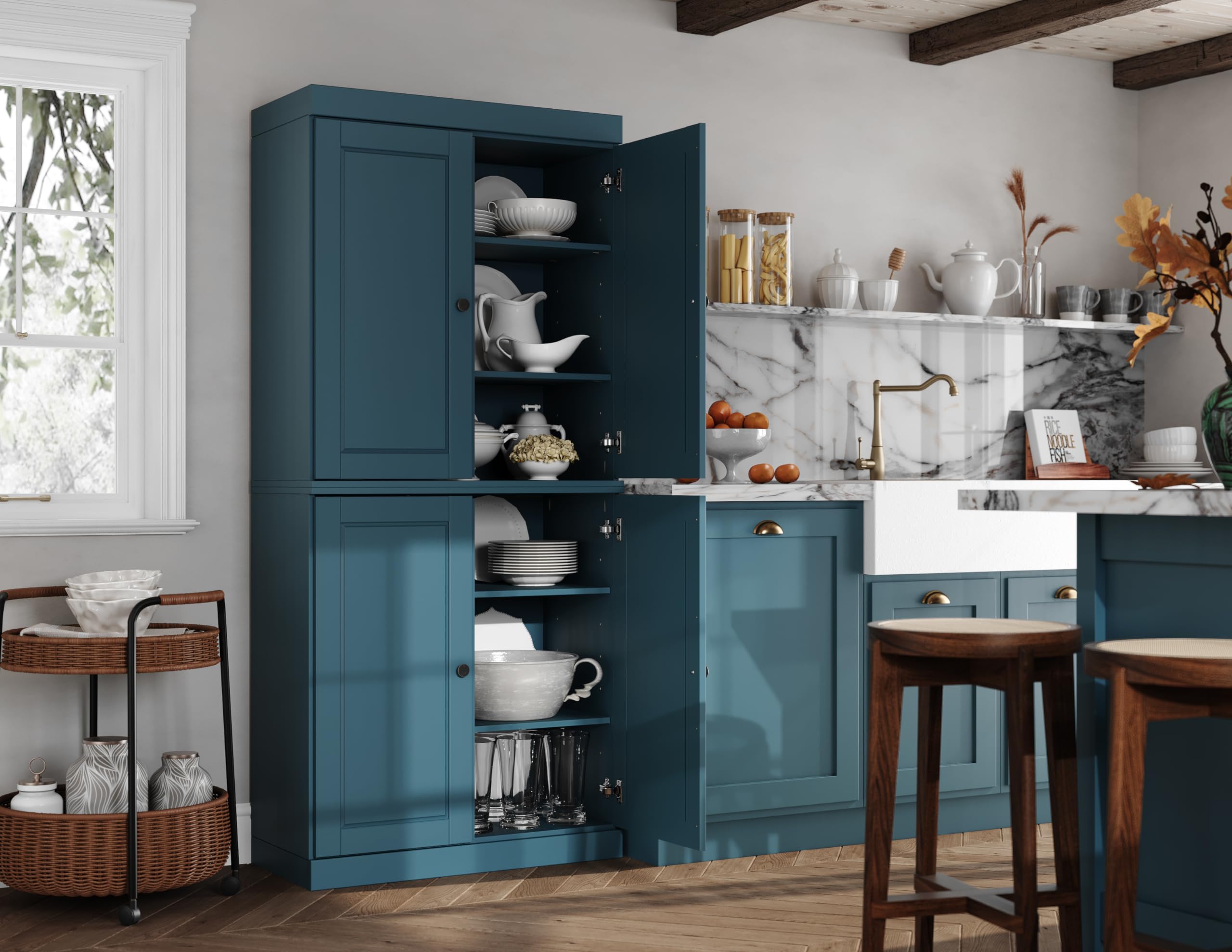 Palace Imports 100% Solid Wood Kitchen Pantry w/ 4 Wood Doors, Teal Blue, 32" w x 71.5" h, Renewable Eco-Friendly Wood, Made in Brazil