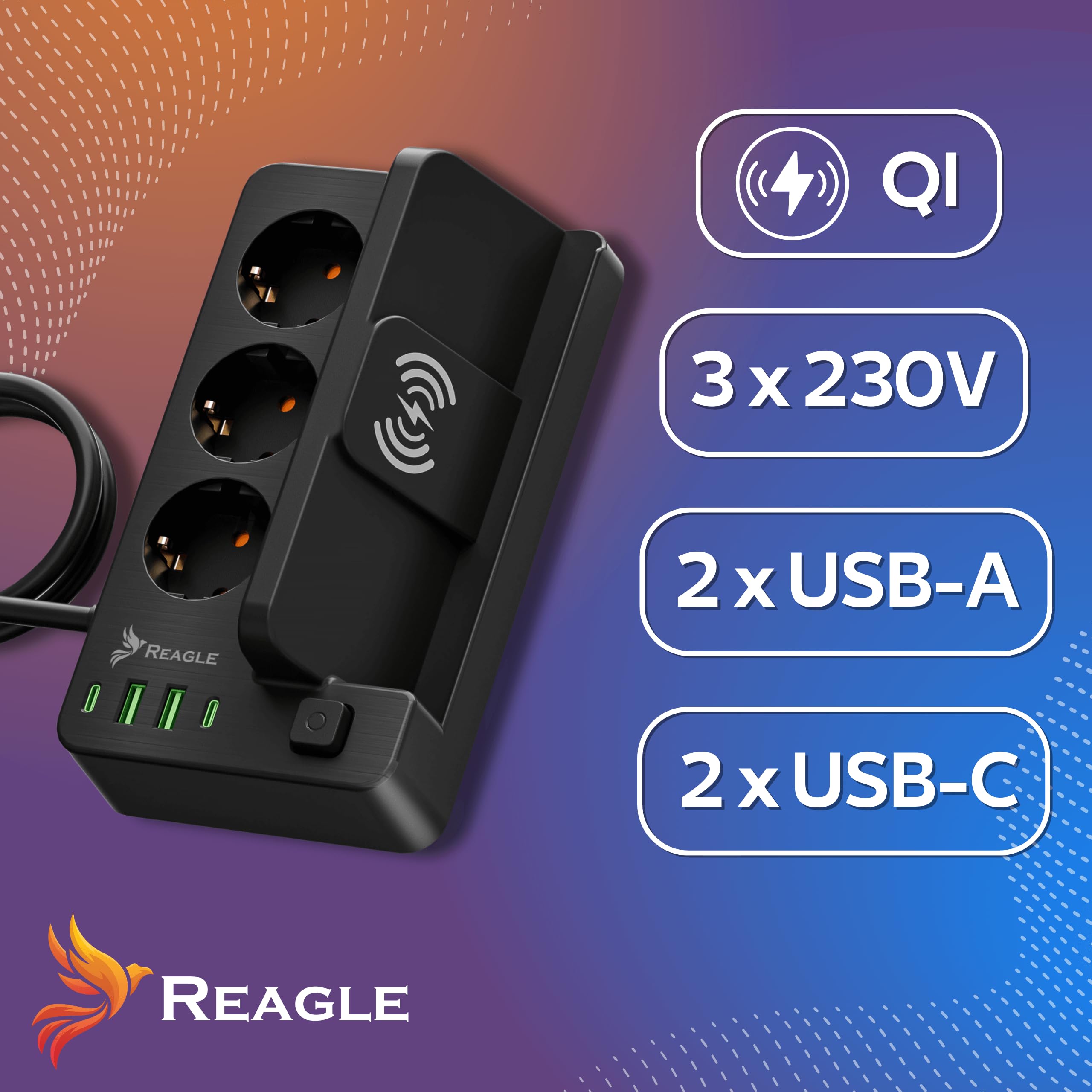 Reagle Listwa zasilająca z 4 portami USB, 3 gniazda, 230 V, z przełącznikiem Save Energy, oszczędzająca energię, do domowego biura z ochroną przed przepięciem 3 m