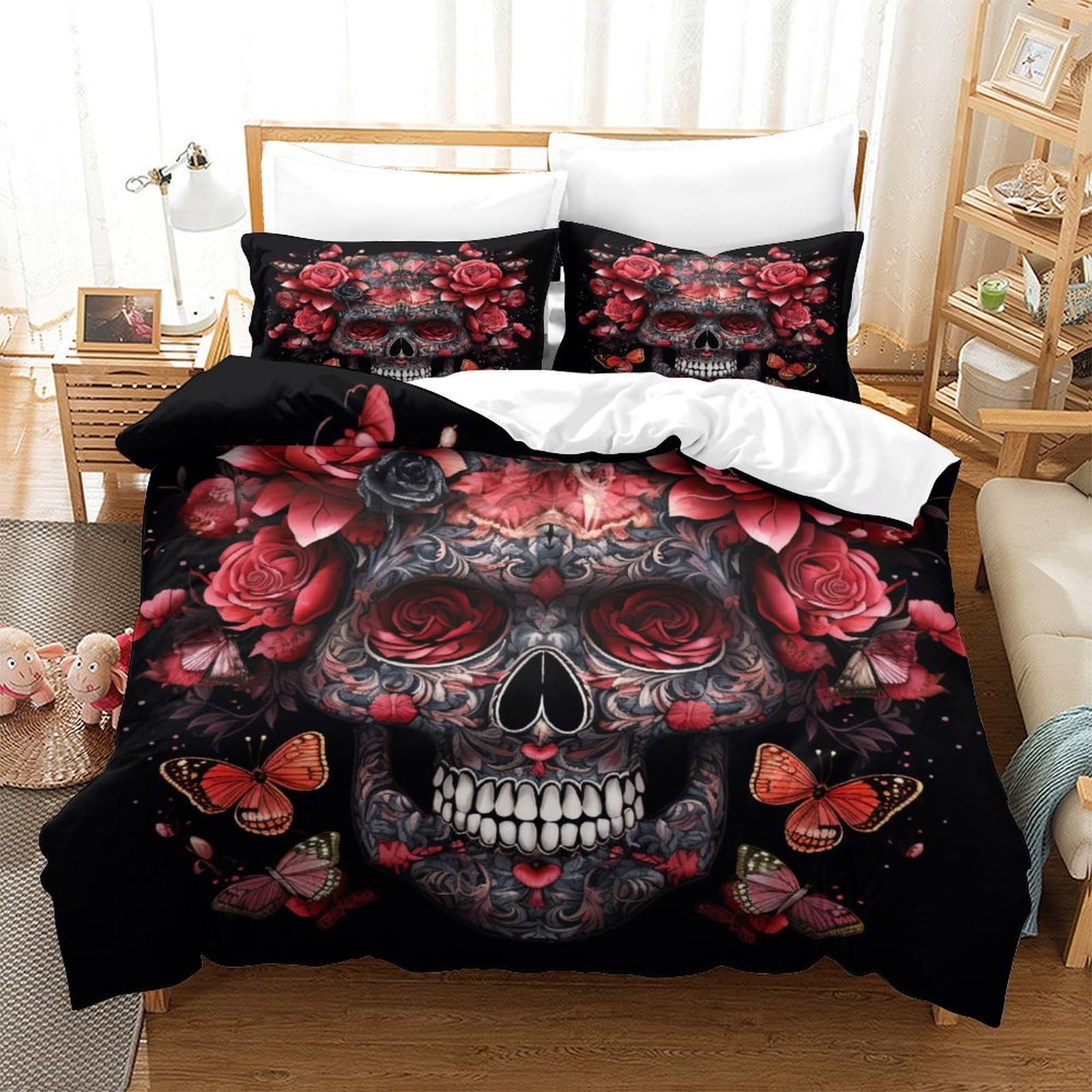 P1S9U7W5Y 3D Printed Gothic Rose Skull Duvet Cover Set 3pcs Microfiber Skull Bedding Set King