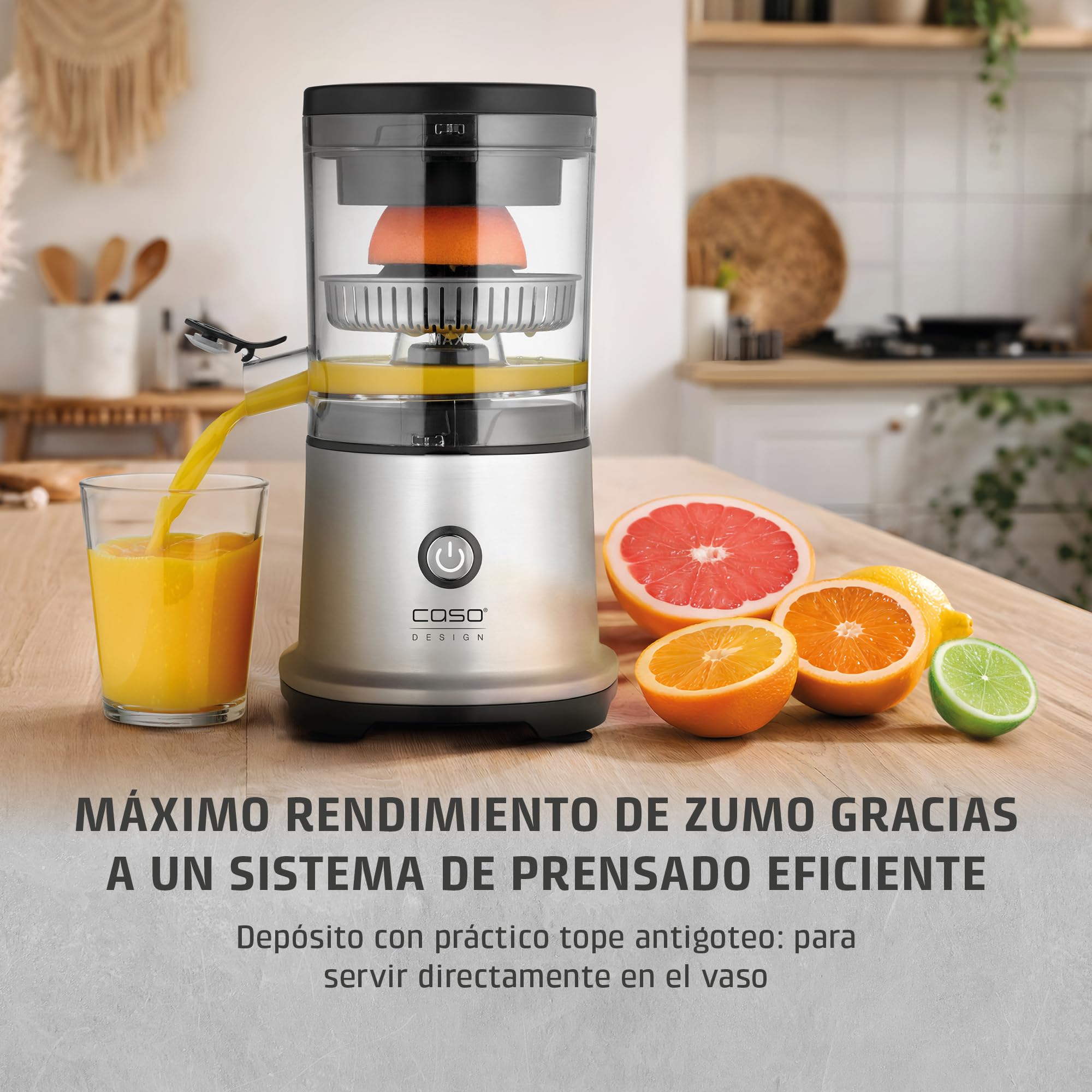 CASO CP 440 Lift Inox - Exprimidor Eléctrico con cono universal para Naranjas y Cítricos, 300W, antisalpicaduras, alta extracción de zumo, pies con ventosa, apto para lavavajillas, acero inoxidable