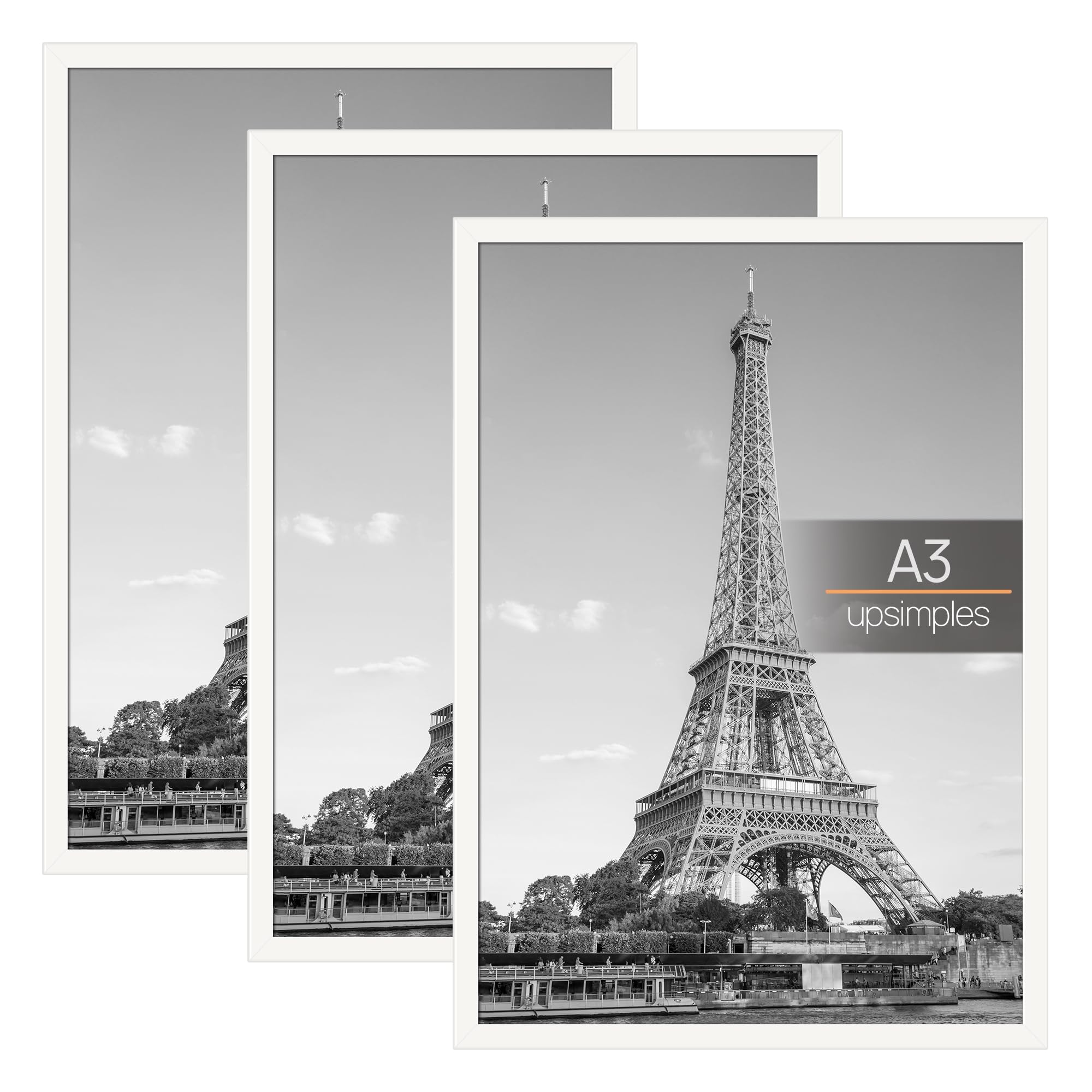upsimples Confezione da 3 Cornice A3, Cornici A3 Blanc, Montaggio a Parete Orizzontale o Verticale con Strisce Scorrevoli, Per Galleria Fotografica