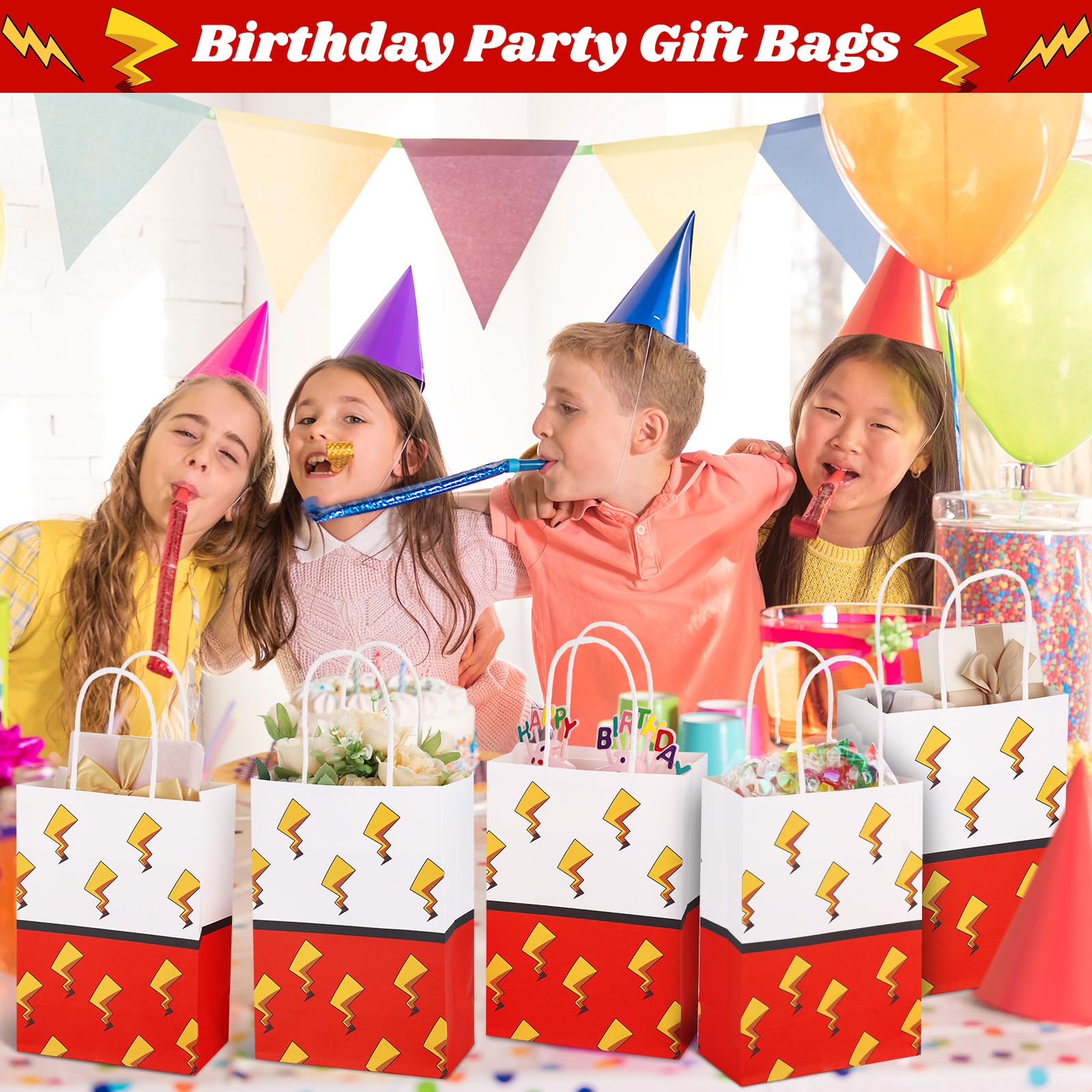 24 Pcs Cartoon Animation Gift Bags Red Birthday Party Bags Paper Goodie Bag with Handle Candy Bag Decorations for Birthday Holiday Event Supplies Gift Fillers