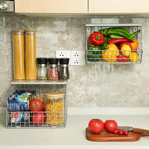 Miniatura 3 de Cesta de frutas plateada, apilable para montar en la pared, cesta de almacenamiento con tapa de madera, cesta de alambre colgante de cocina para