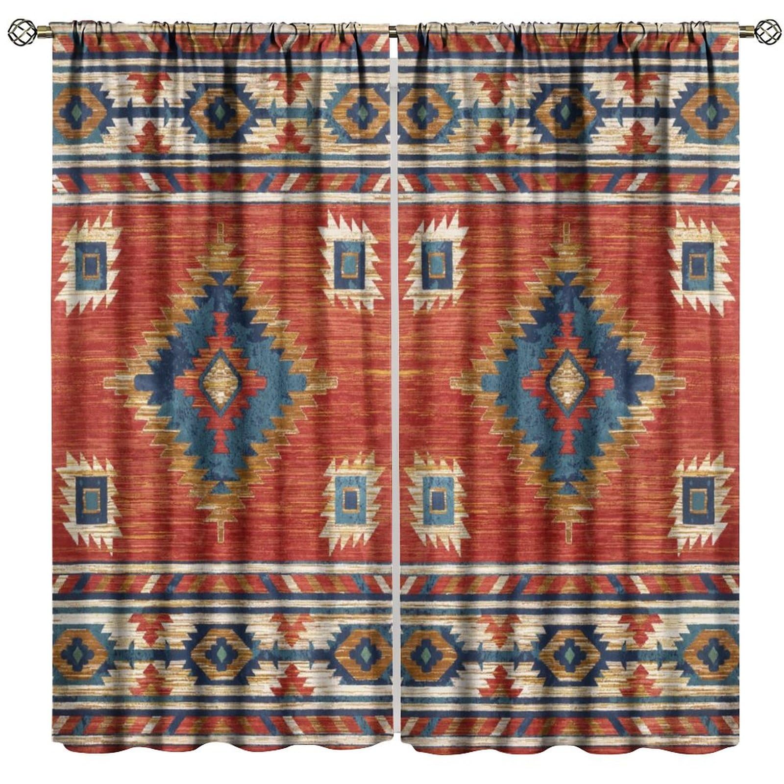 Western Aztec Curtains, Western Boho Navajo Native American Southwestern Tribal Wild West Print for Room Window Decor, Rod Pocket Blackout Drapes for