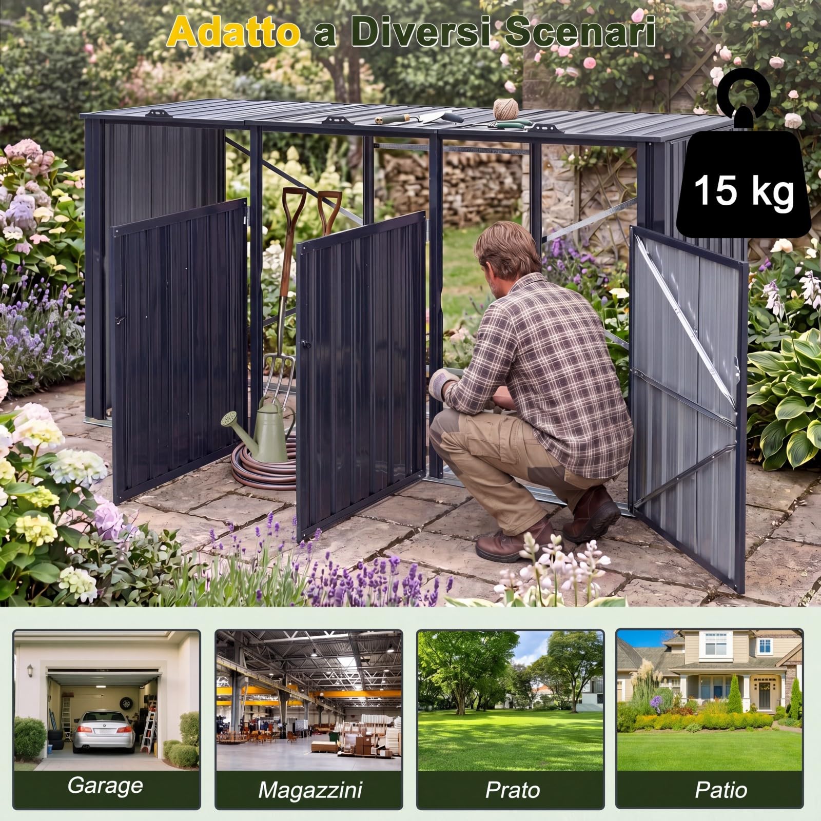 COSTWAY Copribidone Spazzatura Esterno 3 Scomparti con Porta Bloccabili | Contenitore per Raccolta Differenziata in Acciaio Zincato con Coperchi Apribili, da Giardino e Cortile 238 x 79,5 x 122 cm