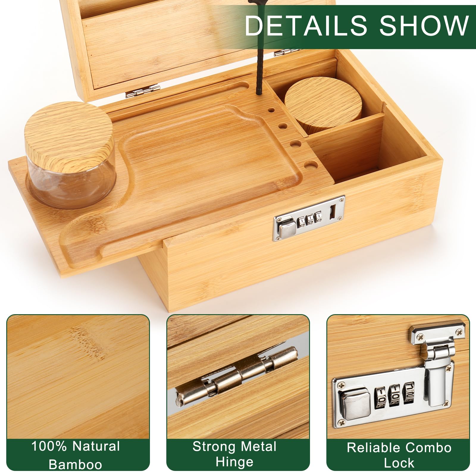 Grande Boîte En Bambou Avec Serrure à Combinaison, Boîte De Rangement Décorative En Bois Imprimé Avec Plateau Amélioré, Boîte De Rangement Avec Bocaux En Verre, Tubes, Brosses, Sacs Refermables Comme
