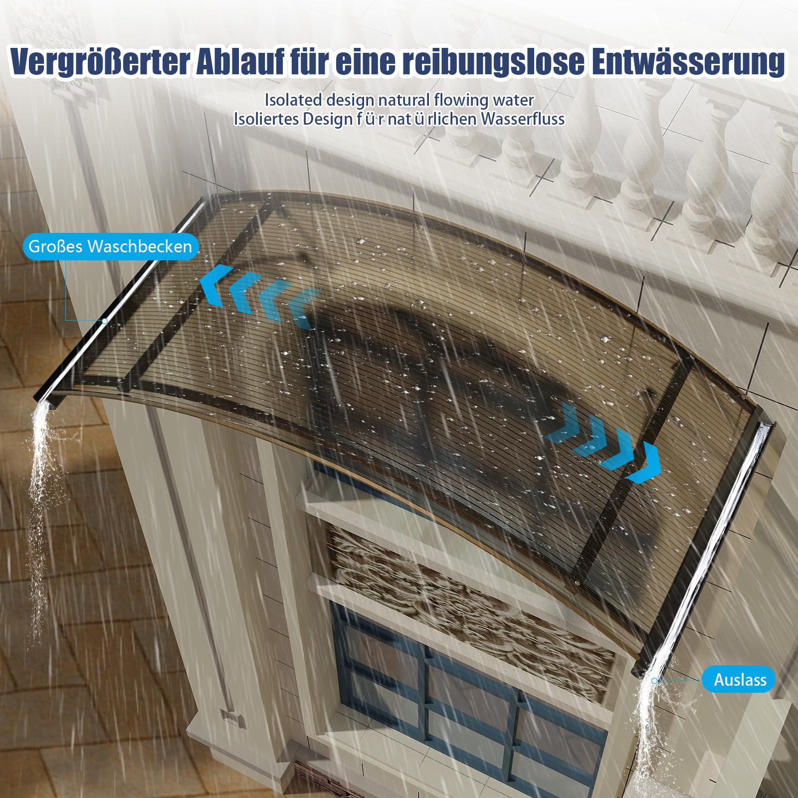 Vordach für Haustür 160x120 cm – Fenstervordach Überdachung aus Polycarbonat, Transparentes Bogenvordach mit UV-Schutz, Regen- & Schneeschutz, Türdach für Veranda, Balkon, Fenster