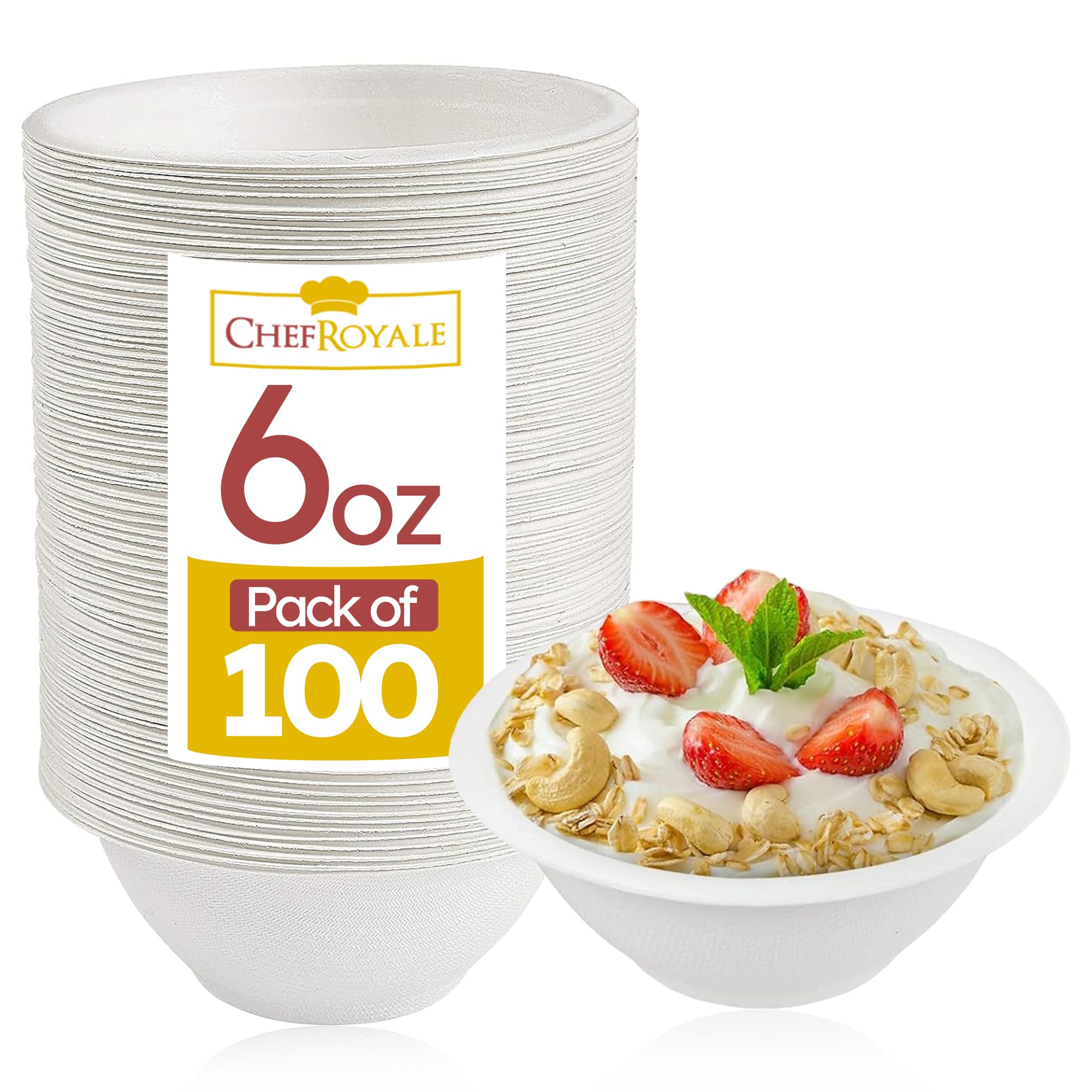 100 Pack Strong Paper Bowls – 170ml/6oz Disposable Sugarcane Bagasse Bowls for Party – Eco-Friendly Microwavable Soup Bowl for Dessert Milk Salad Cereals – Perfect for Birthdays Christmas Wedding