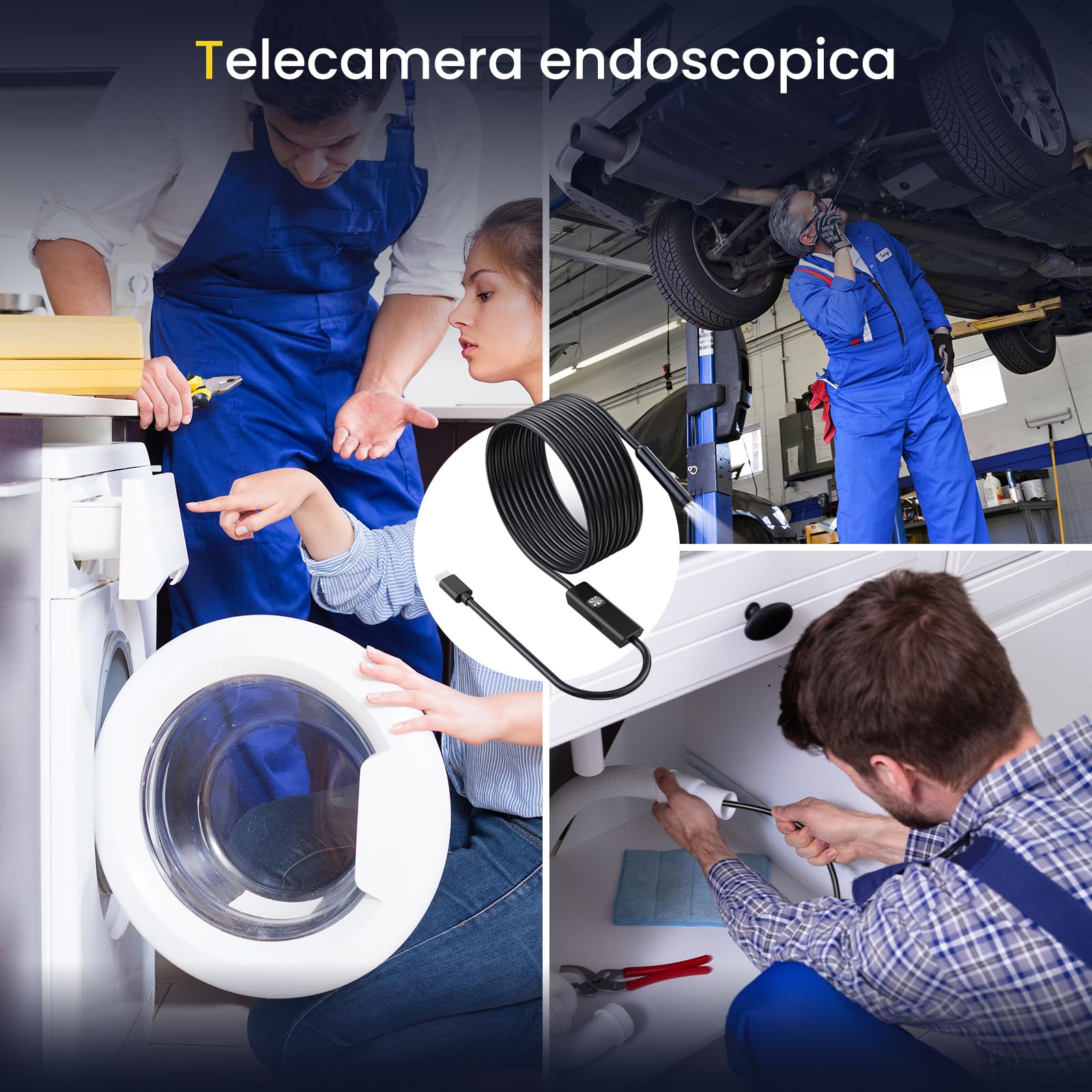 Maxpow Endoscopio Per Smartphone - Telecamera Endoscopica 1920HD IP67, Sonda con 8 LED per Ispezione Tubi, Cámara de Inspección Compatible with Android e iOS Per Tubi Macchine Fognature 5m