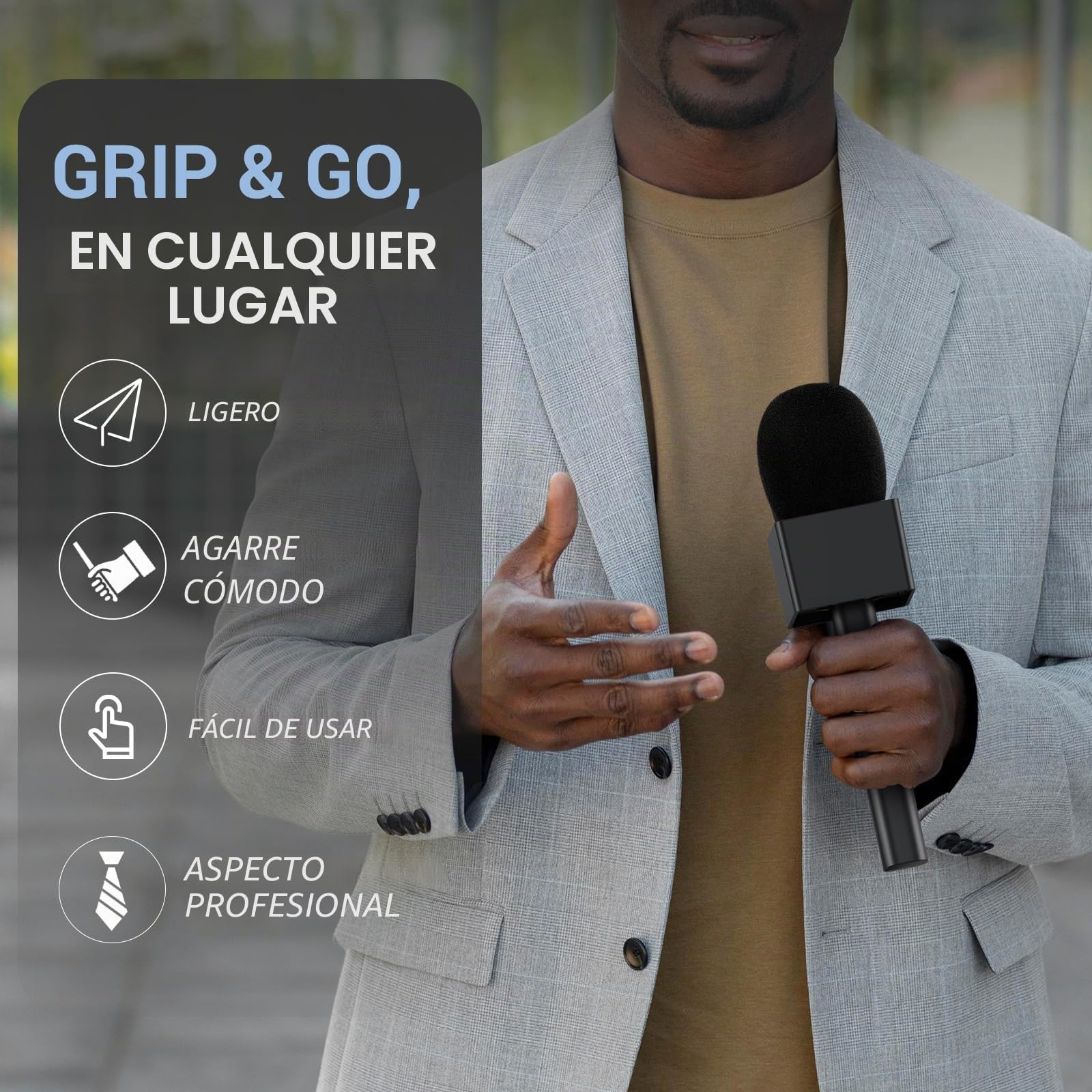 Soporte de Micrófono de Mano,Empuñadura Interview Antiviento Profesional para Vlogging, Streaming y Reportajes Exteriores – Compatibilidad Universal con Micrófonos de Solapa Inalámbricos