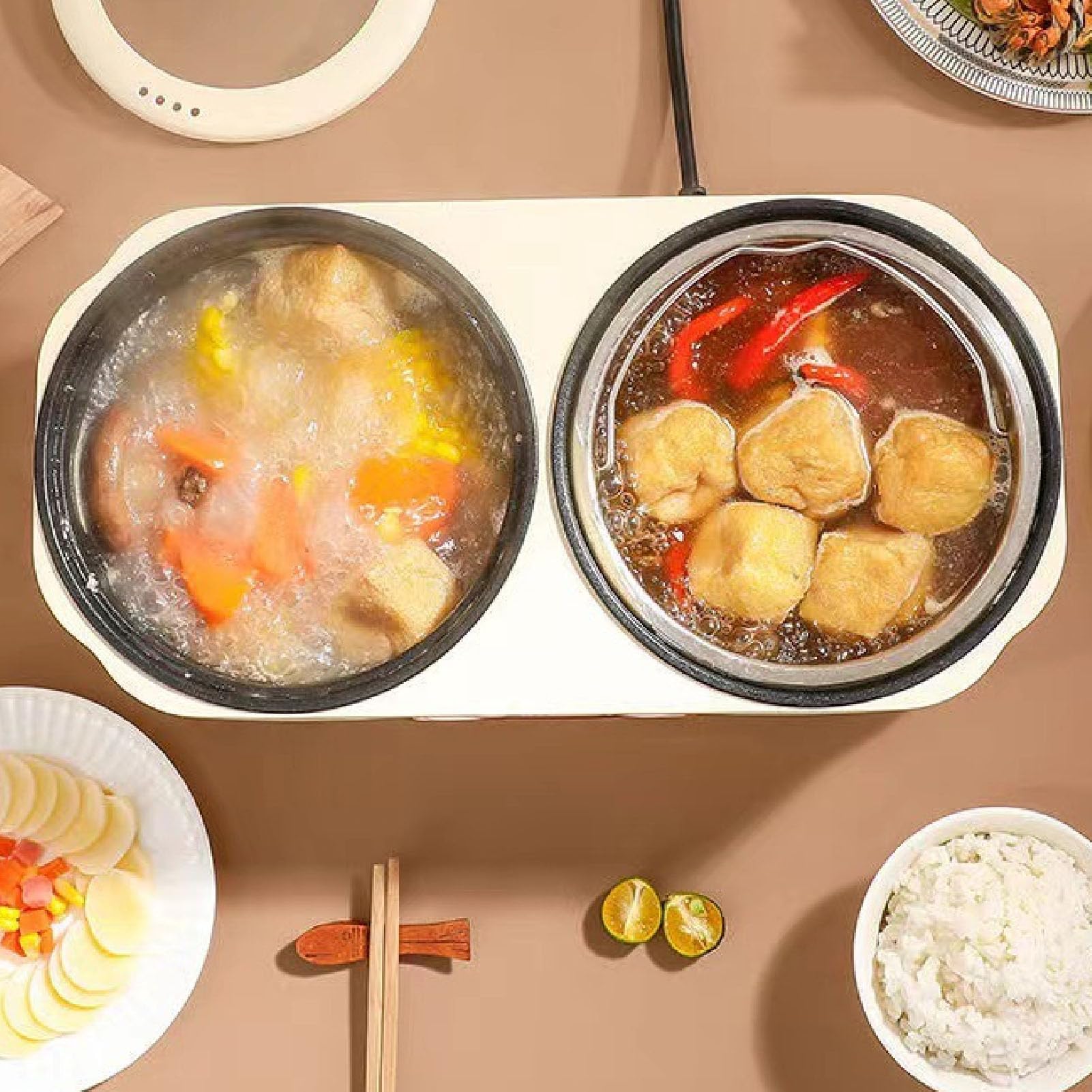 2-in-1-Doppel-Slow-Cooker, Dual-Combo-Slow-Cooker und Reiskocher, Doppel-Innen-Multifunktions-Reiskocher mit 6 Kocheinstellungen, Elektrischer Hot Pot für zu Hause