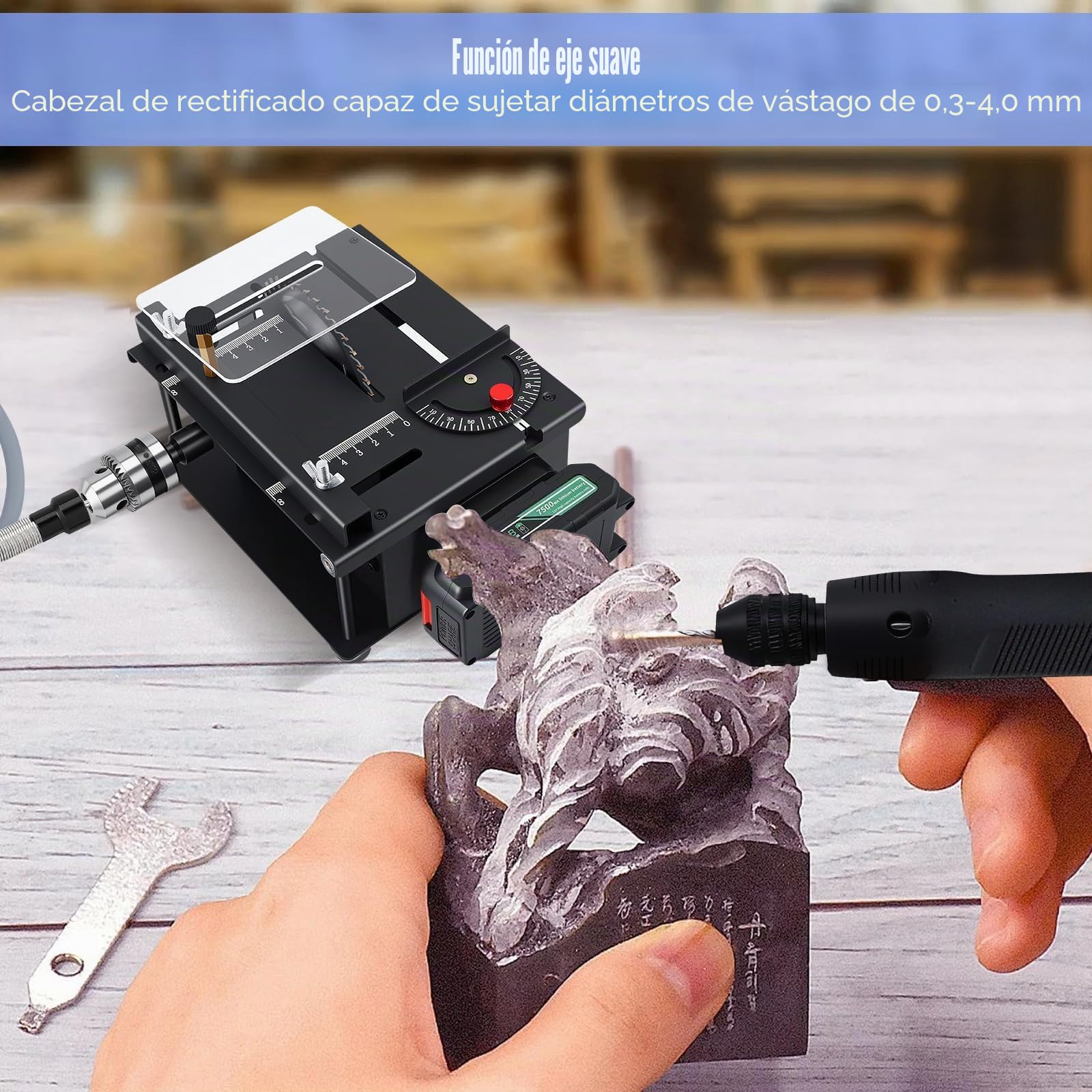 Minisierra de mesa con batería y eje flexible - Sierra de mesa de precisión de 23 000 RPM, ángulo de corte ajustable, sierra multifuncional 3 en 1 madera, plástico, accesorios lijar y taladrar