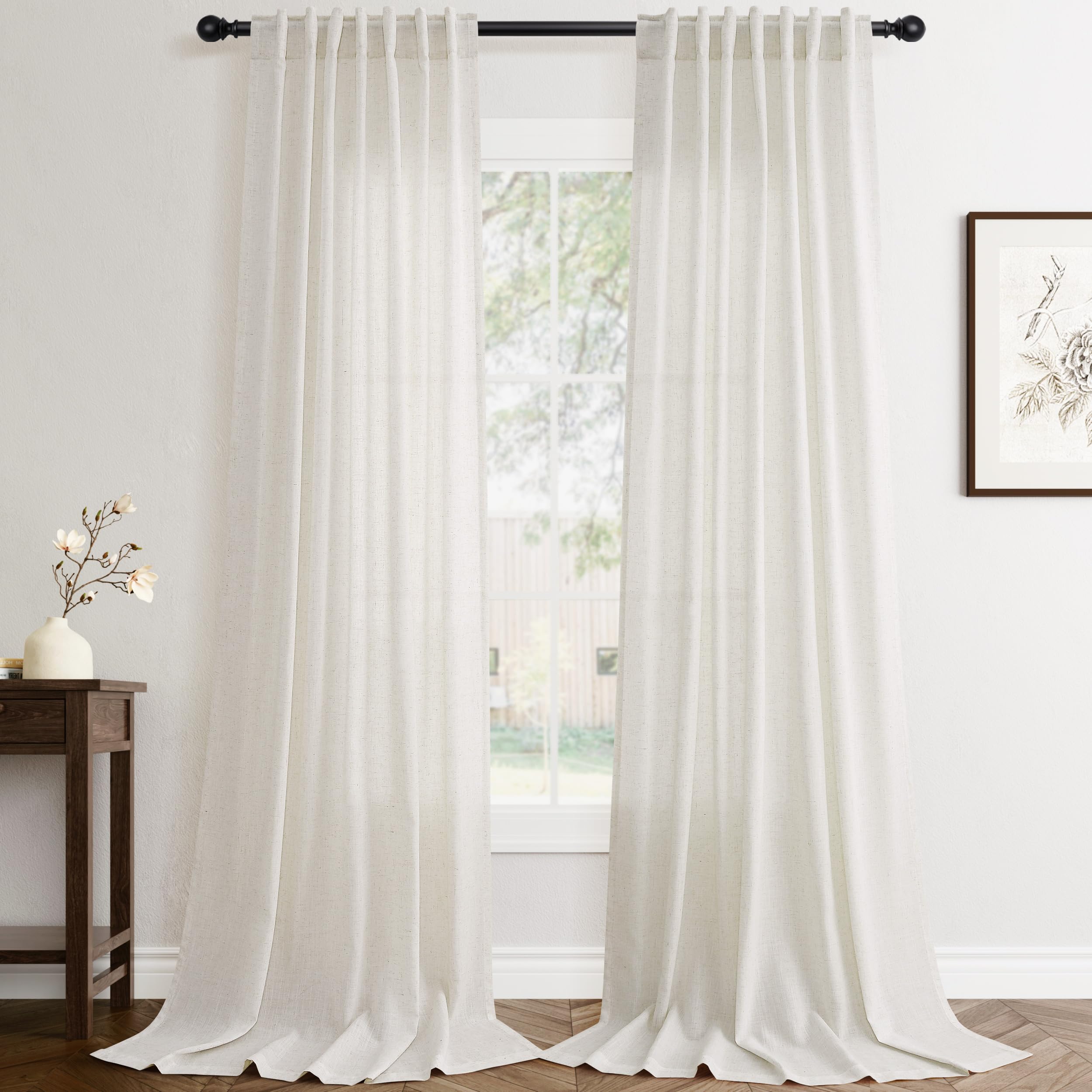 Cream Natural Linen Curtains 86 inch Length 2 Panels Set Boho Farmhouse Living Room Drapes Light Filtering Rod Pocket Back Tab Privacy Semi Sheer