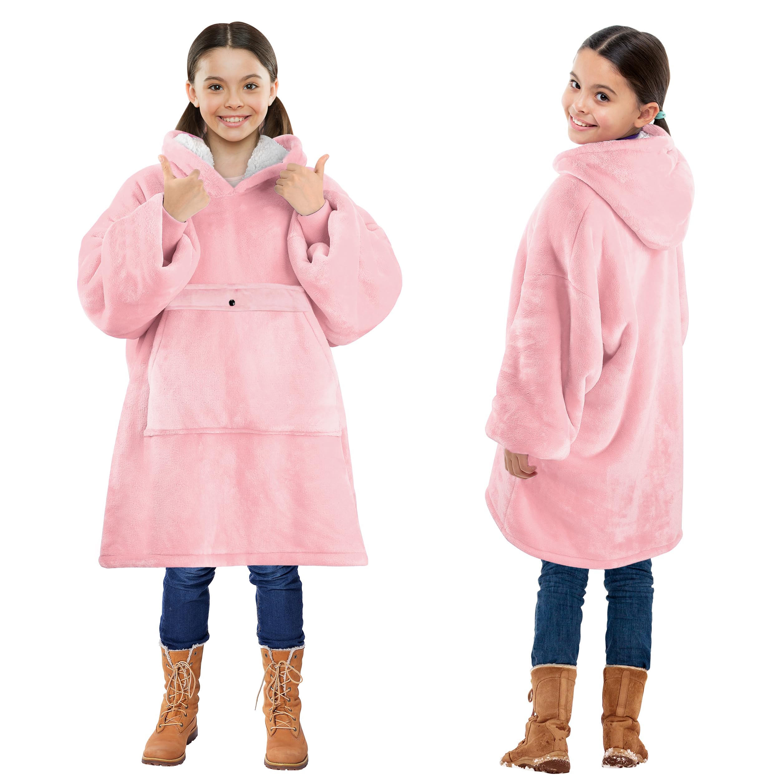 Solaris Wearable Blanket Hoodie for Kids - Warm Soft Gift, Oversized Cozy Sherpa Fleece Sweatshirt Pullover for Teens, Girls, Boys, Large Pocket, Pink
