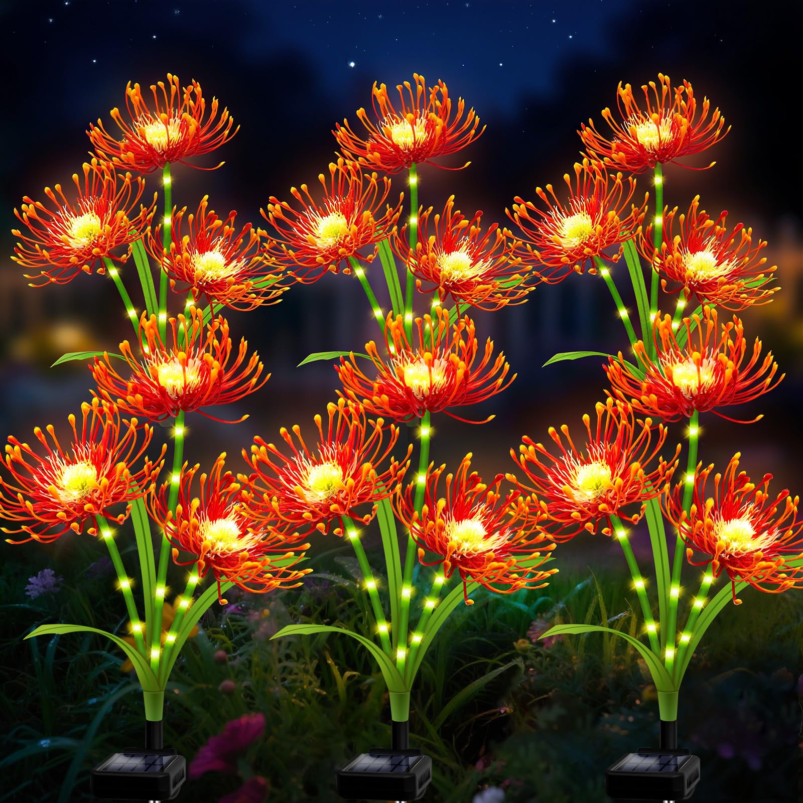 Lot de 6 lampes solaires de jardin en forme de lys araignée, 18 têtes de fleurs oranges avec tiges lumineuses, lumières décoratives étanches améliorées pour cour, pelouse, terrasse, décoration de Noël