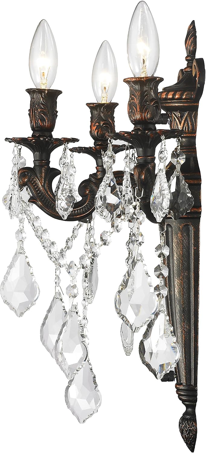Up To 40% OFF Worldwide Lighting W23317F15 Collection 3 Light Dark Bronze Finish Sconce 15 W x 18 H Large Versaille Torch Wall, Clear Crystal
