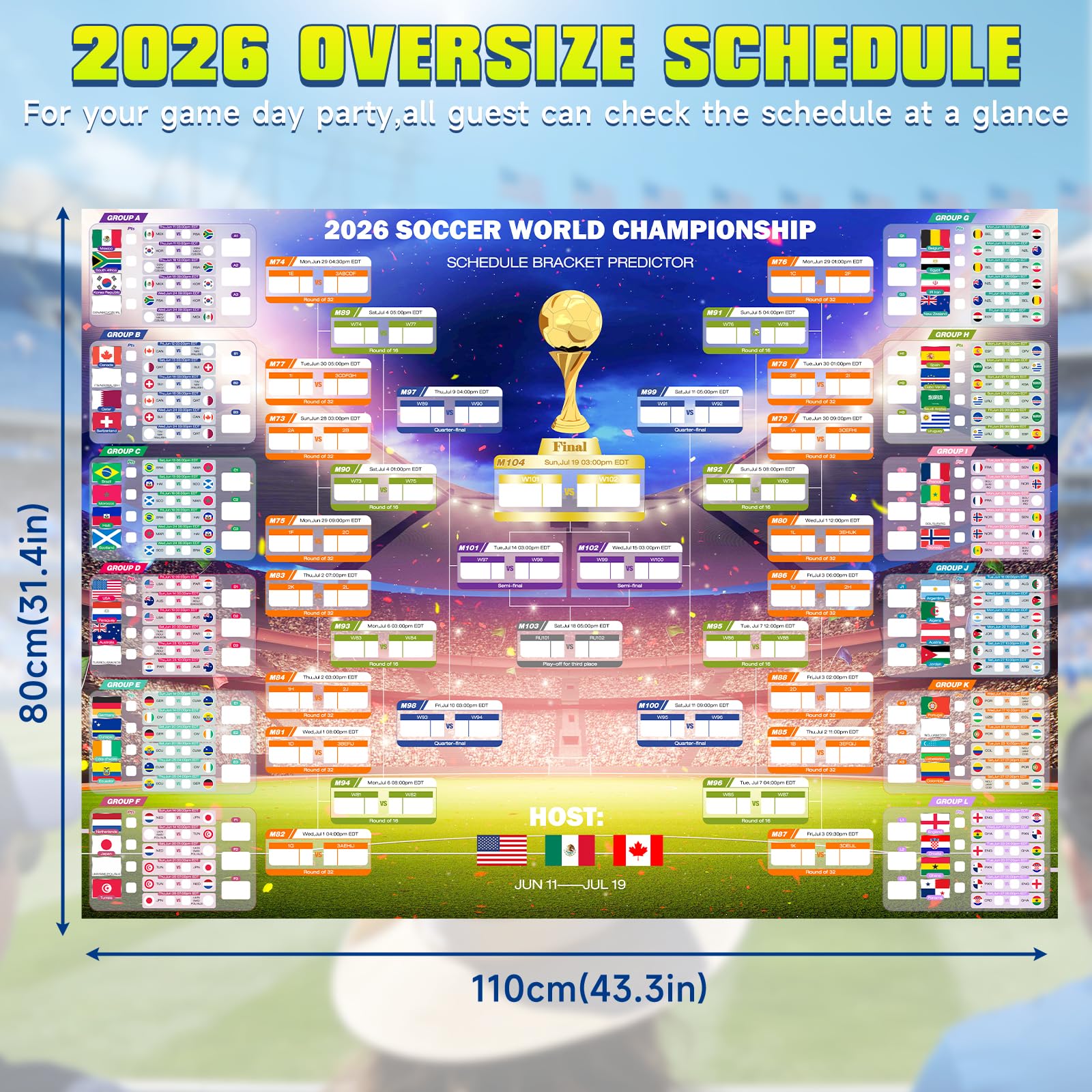 2026 World Soccer Cup Extra Large Schedule Poster 43"x32", 2Pcs Merchandise with 600 Flag Stickers and Predict Champion Poster, Tournament Wall chart for Soccer Fans Gifts Party Decorations — view 5