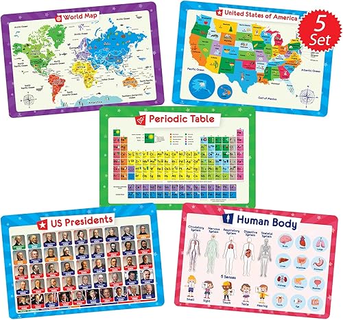 Simply Magic 5 manteles individuales para niños, antideslizantes, lavables y reutilizables, manteles individuales educativos: Mapas del mundo y