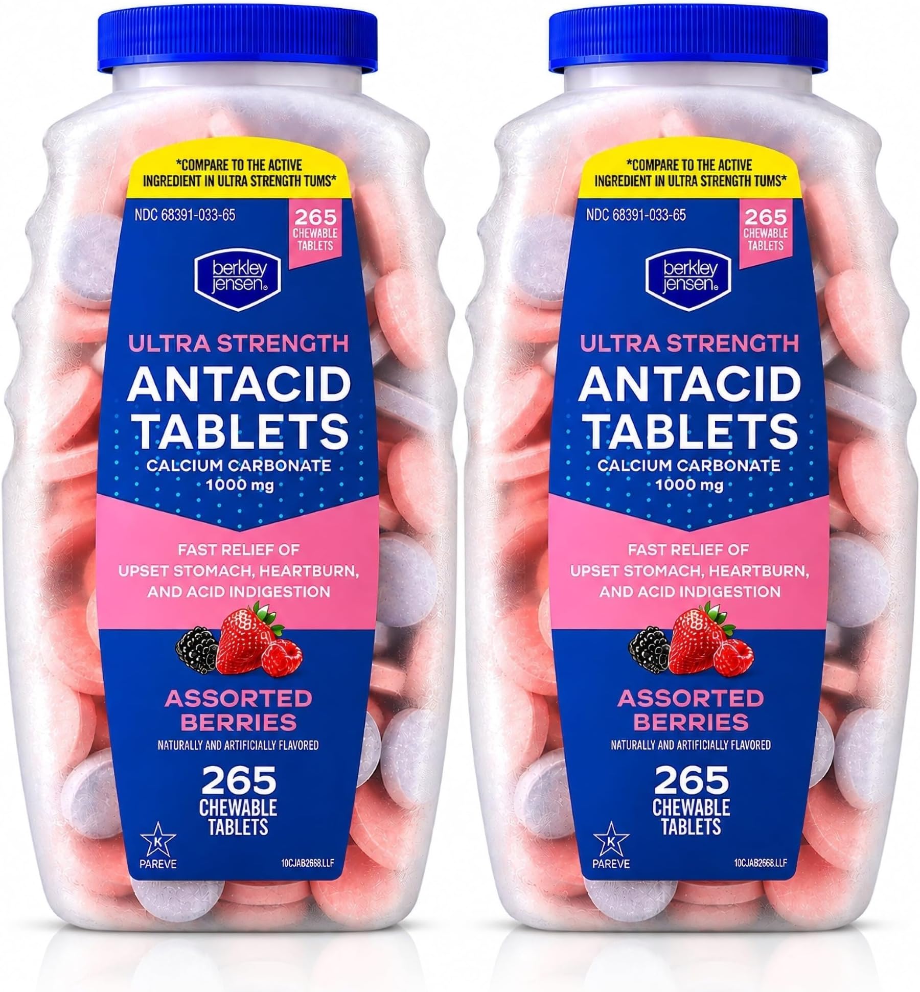 berkley jensen Extra Strength Antacid Tablets Chewable - 1000mg Calcium Carbonate Antacids for Heartburn, Acid Indigestion, Upset Stomach Relief - Assorted Berry Flavor - 265 Count (Pack of 2)