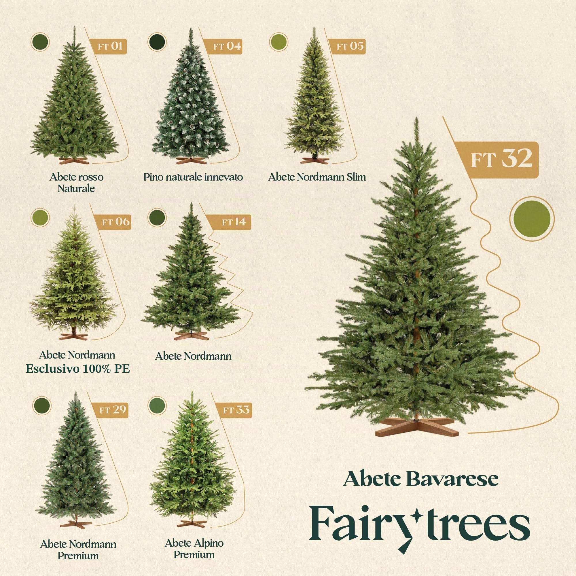FAIRYTREES Albero di Natale artificiale 220cm Abete Bavarese Premium con supporto in legno | Prodotto in EU | Facile da Montare