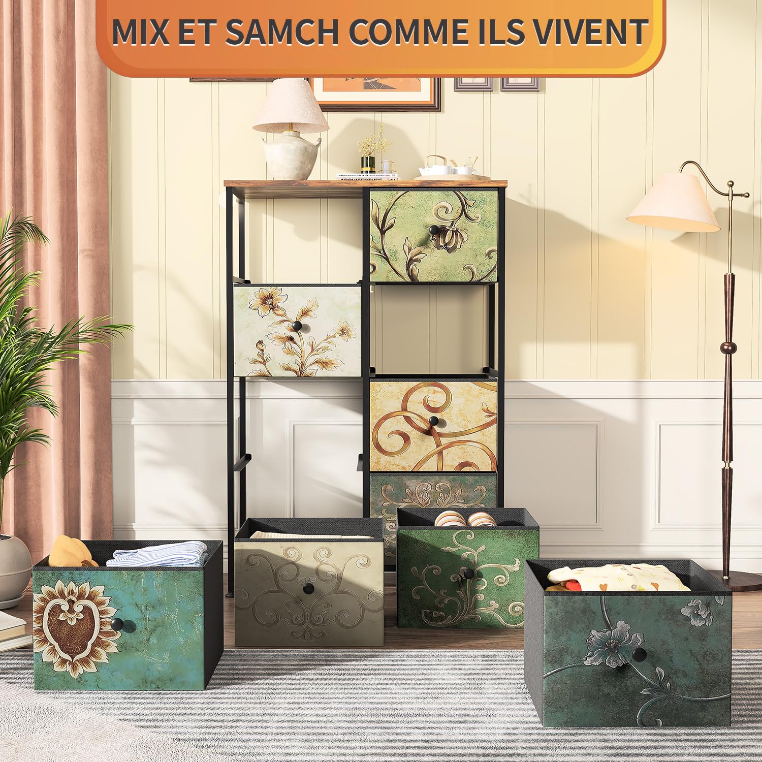 Cómoda con 8 Cajones de Tela,Cómoda para Dormitorio,Unidad de Almacenamiento,Armario de Tocador Bohemio,Cajonera Industrial con Estructura Metálica,para Salón,Pasillo,Estilo Rústico