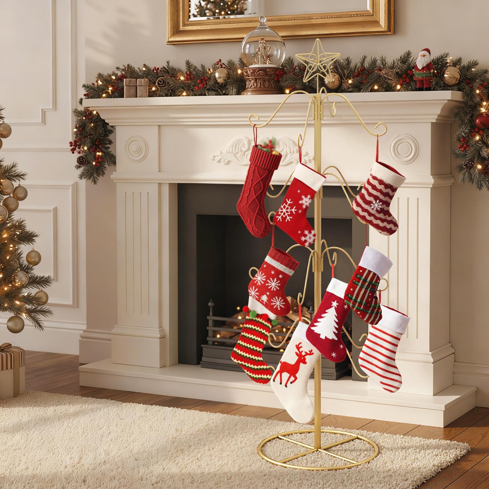 GOPLUS 120 CM Porte-Chaussettes Noel à 16 Crochets, Support Chaussettes Noel À Suspendre en Métal avec Décoration Etoile, Porte-bas pour Ornement, Décoration Noël Forme Sapin pour Maison, Salon,