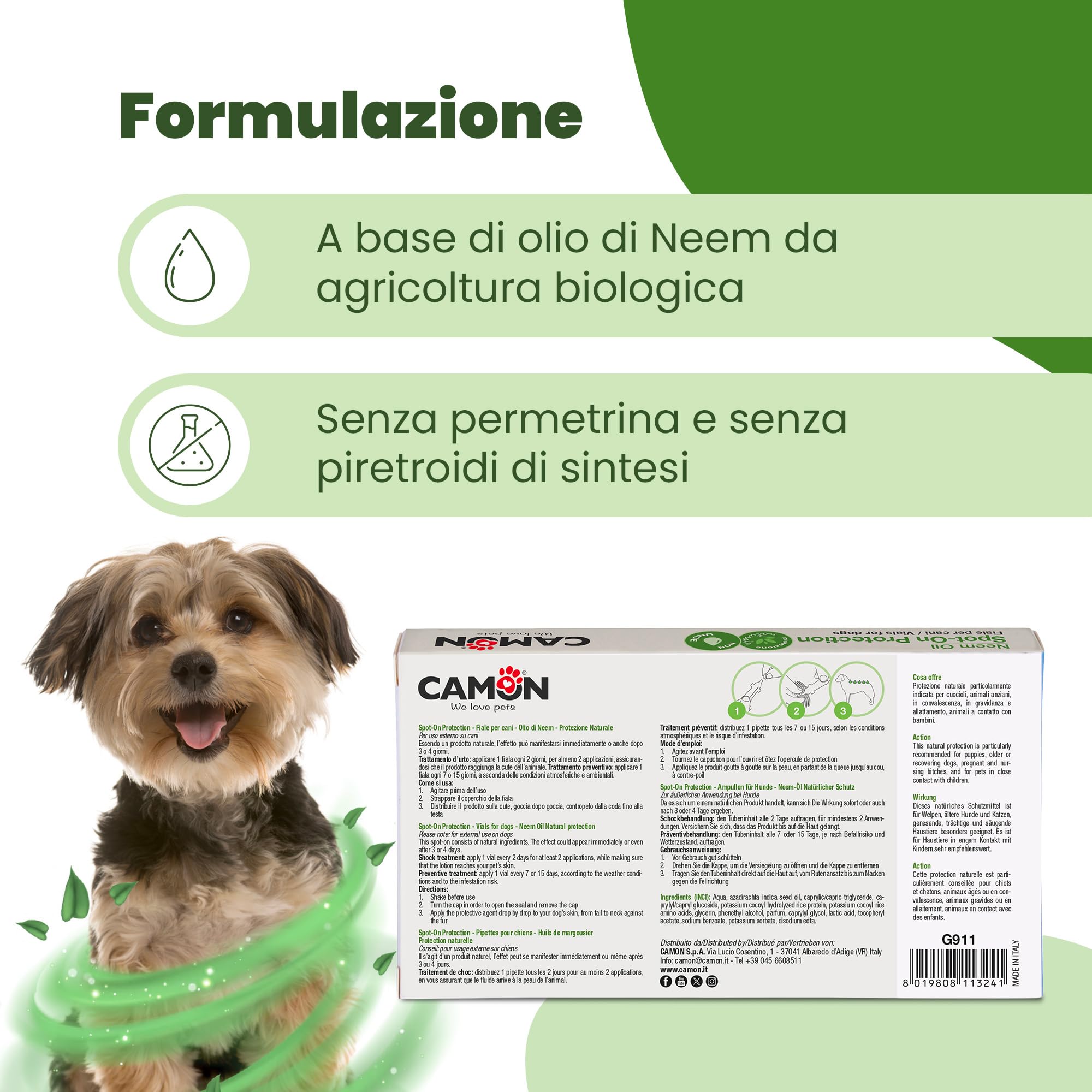 CAMON | Spot-On Protection Cane (0-10kg), 5 Fiale da 3ml con Olio di Neem, Naturale e Efficace