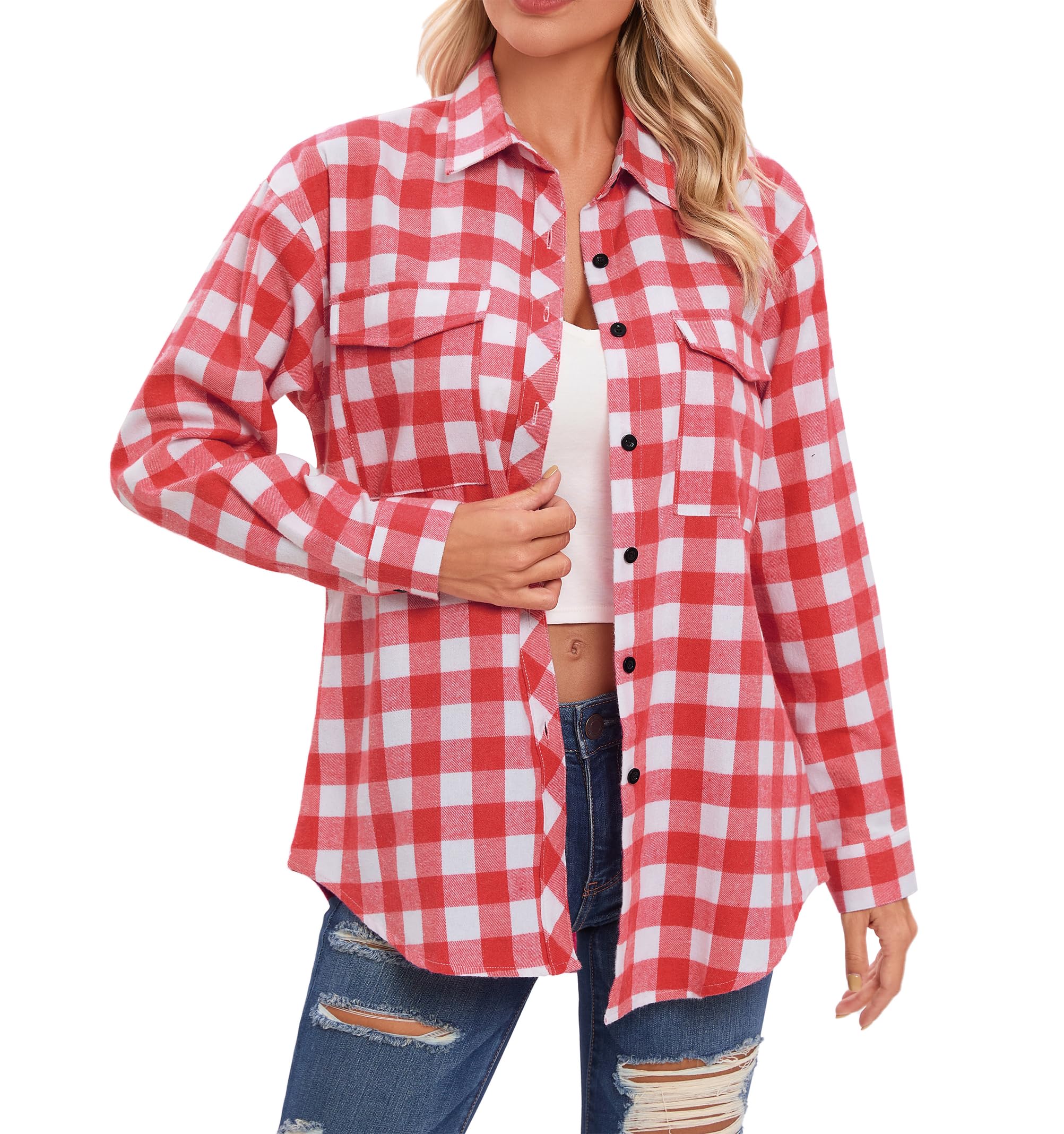 Timuspo Chemisier à carreaux pour femme, boutonné, manches longues, pour fête de la bière, tunique à carreaux, décontracté, col en V, haut en flanelle
