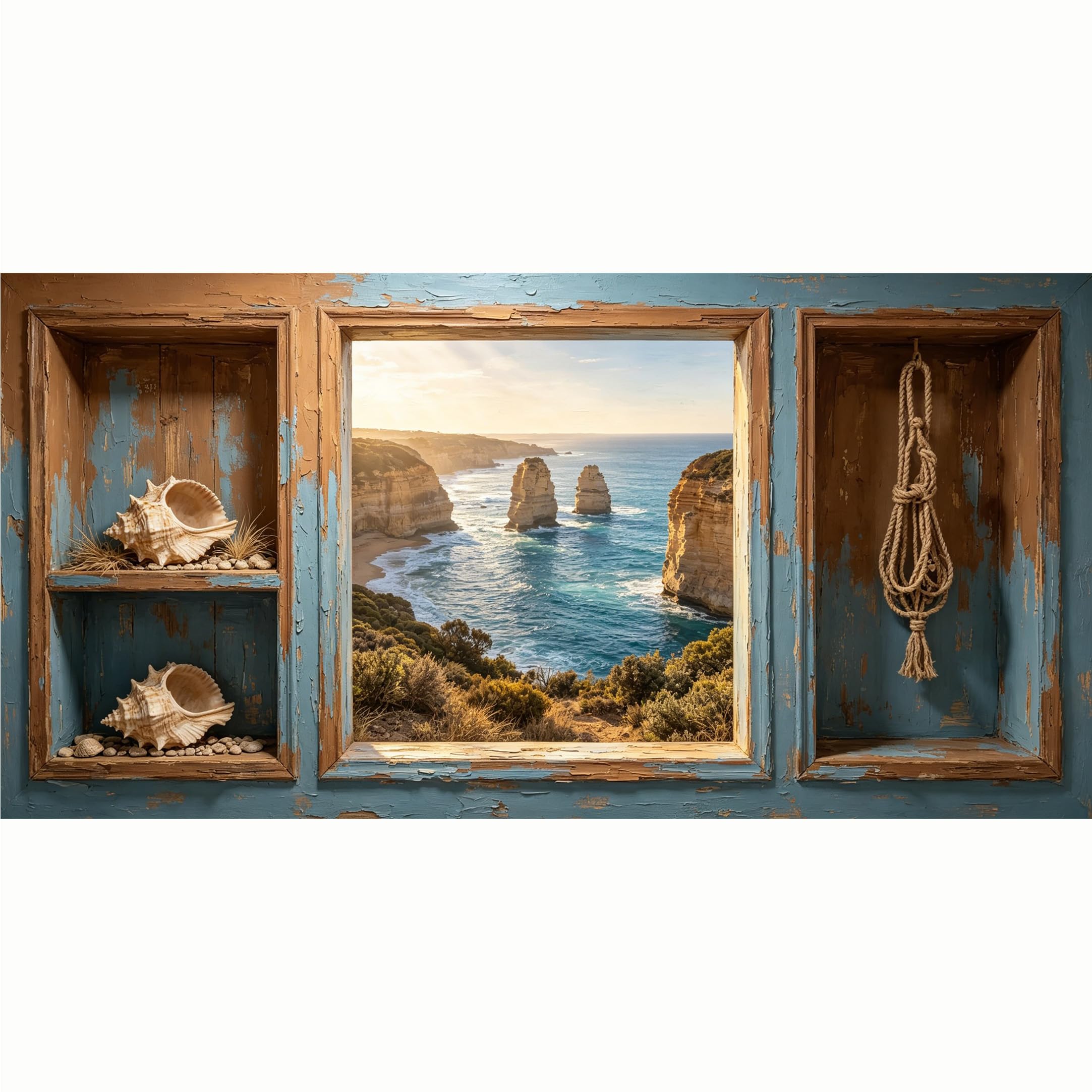 QZLITHOTIC 50x100cm 3D Framed Wall Art， Coastal Ocean Cliff Seascape Sea Shell Rope Decor Self‑Adhesive Mural， Water‑Activated Peel & Stick Fabric Decor Wall Decal for Bedroom Living Room