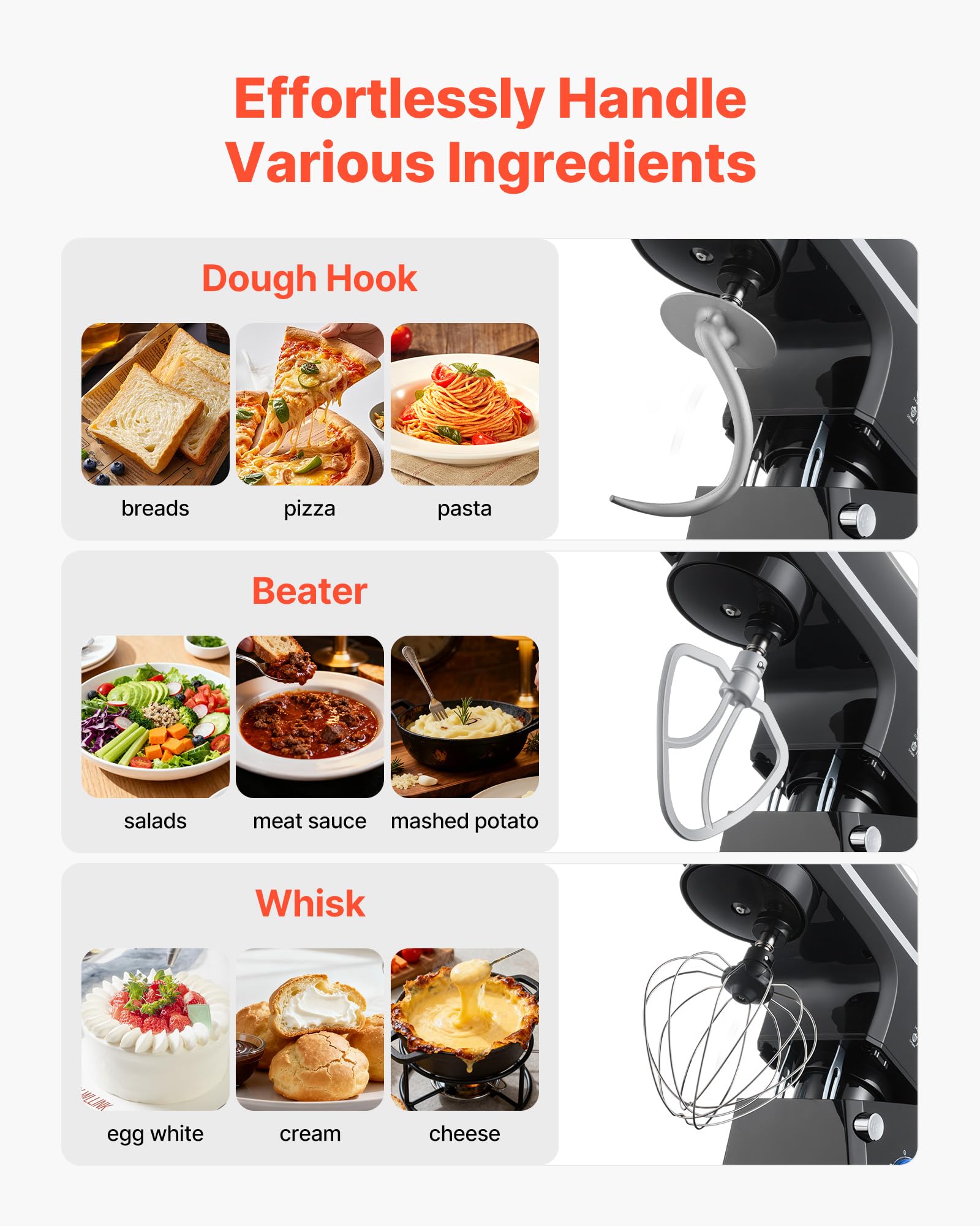 VEVOR Robot kuchenny, mikser do ciasta, 1400 W, 7,84 l, robot kuchenny z uchylną głowicą, miska ze stali nierdzewnej, hak do zagniatania, trzepaczka, skrobak, domowy robot kuchenny do pieczenia i