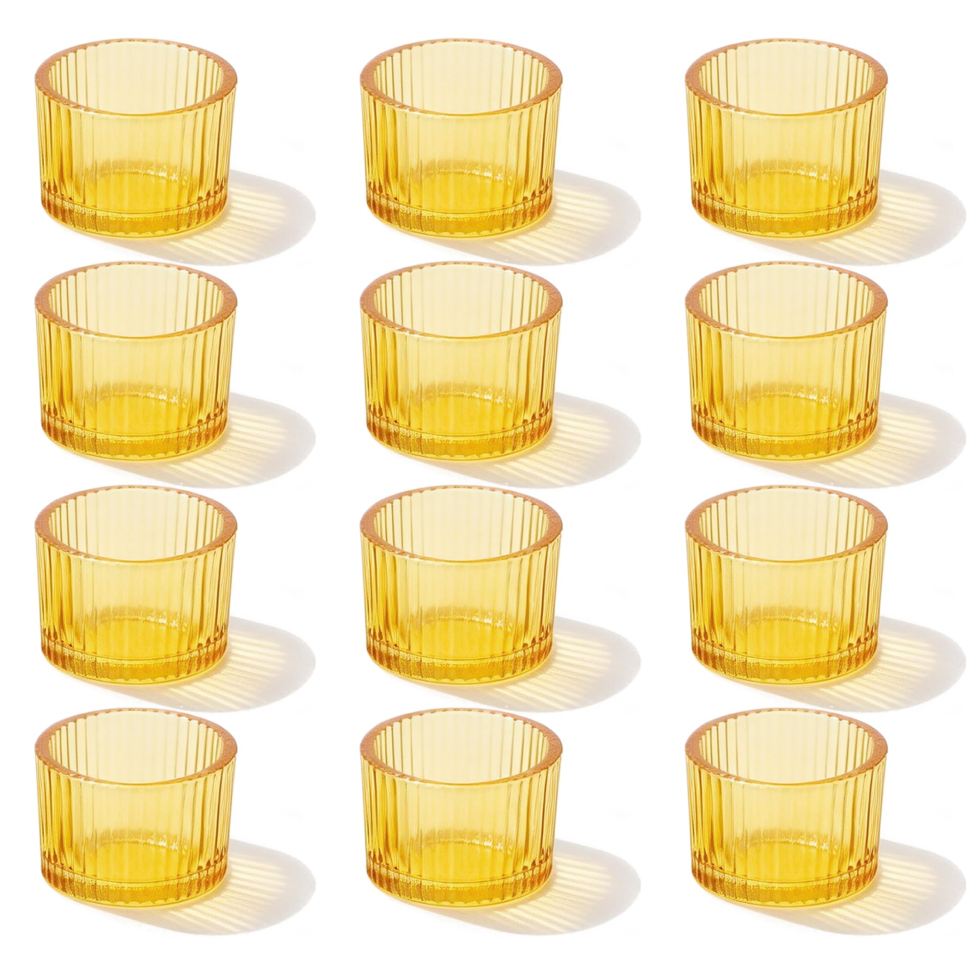 Tealight Candle Holder 12Pcs Small Glass Tea Light Holders Votive Candle Holders for Table Centerpiece Home Decor, Wedding, Birthday Party, Dining Rooms, Living Room (Yellow)