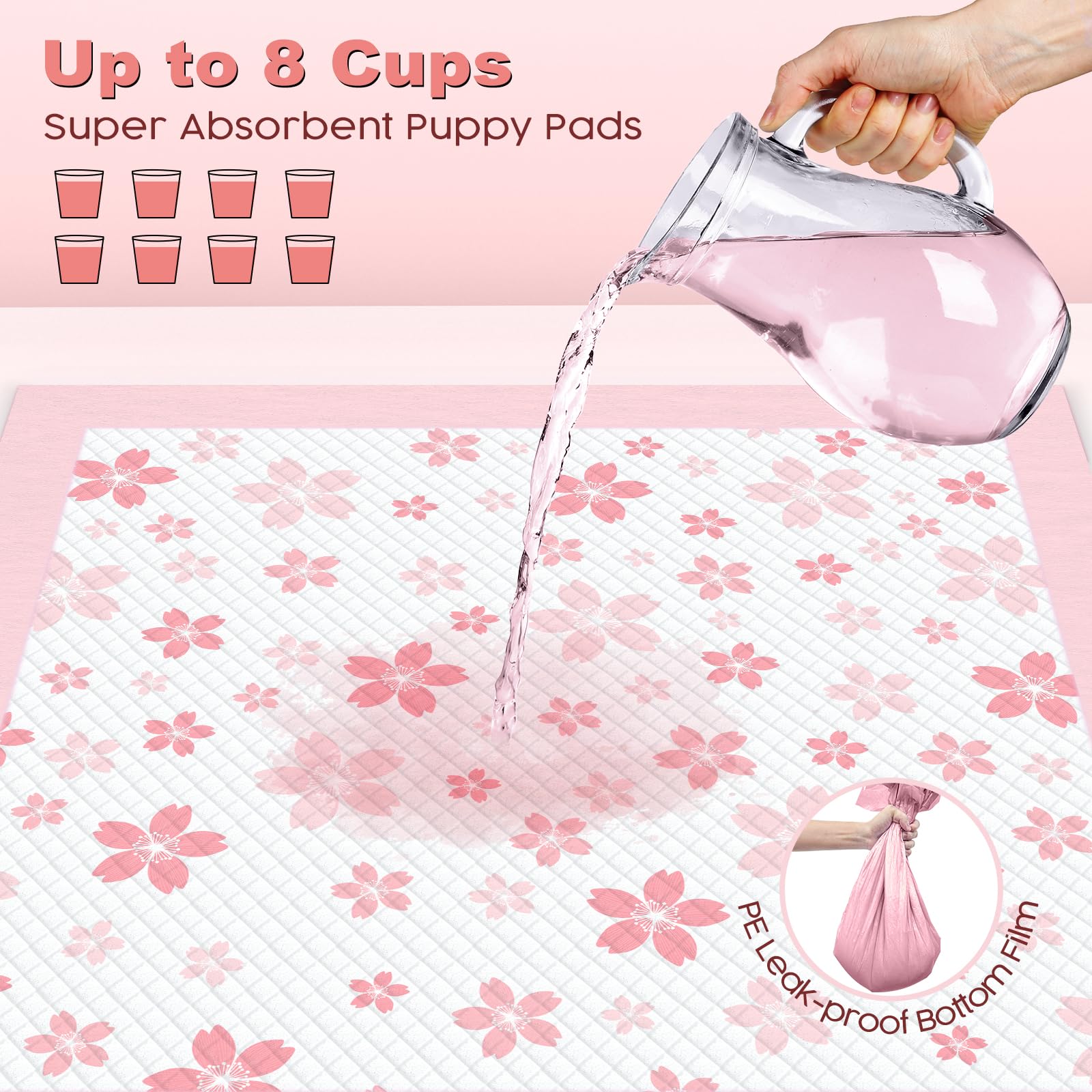 MIZOK Puppy Pads 22"x 22" with Leak-Proof Quick-Dry Design Pee Pads for Dogs Potty Training, 6-Layer Standard Absorbency Dog Pee Pads Regular Size, Pink Cherry Blossom Pattern (50 Counts): 28x34in | 50Ct-Pink